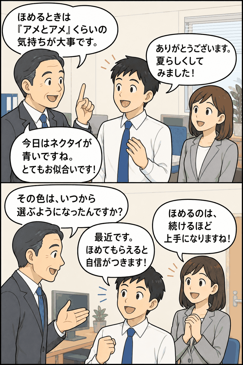職場で上司が部下の青いネクタイをほめ、質問を交えながら前向きなコミュニケーションを深める漫画イラスト