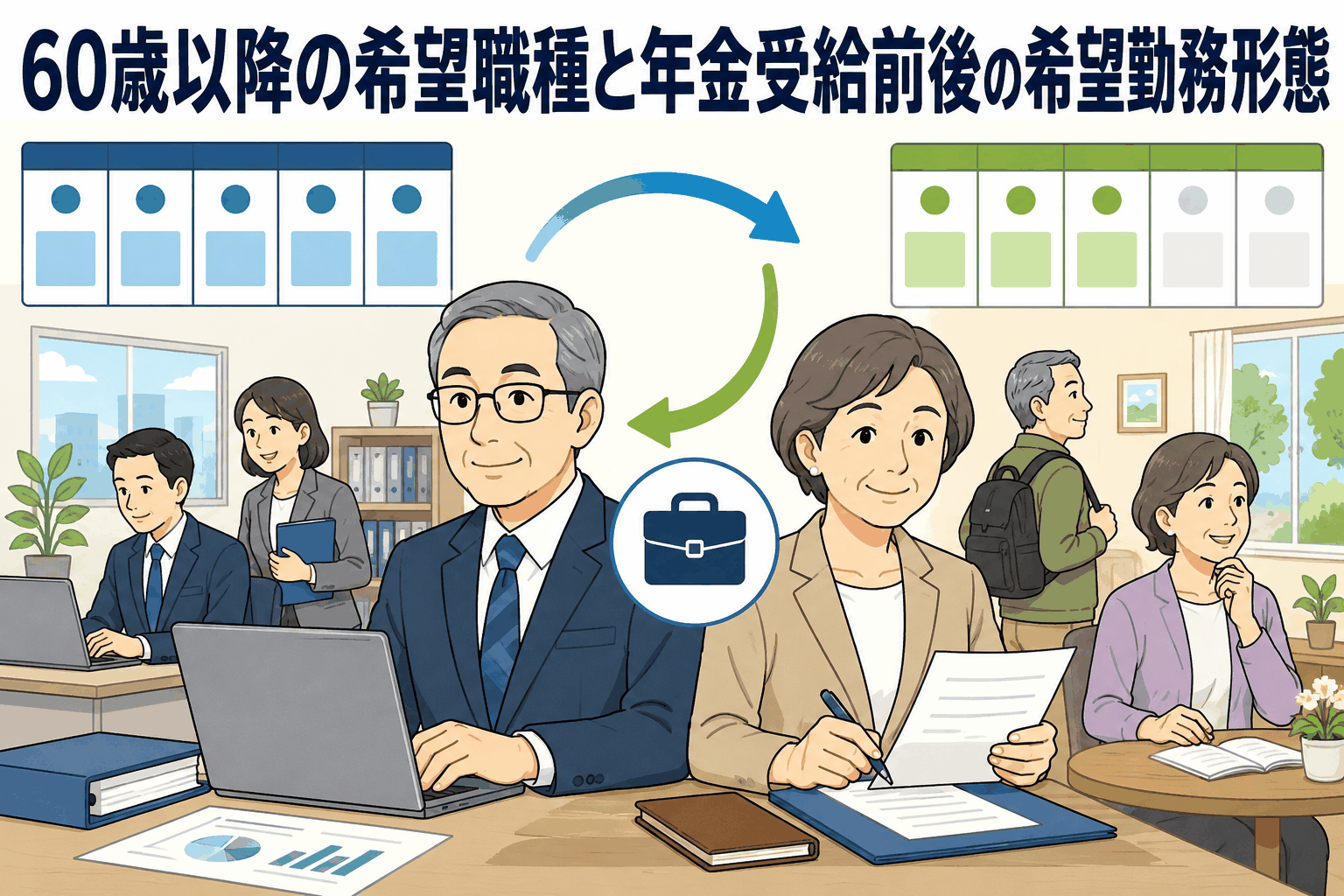 60歳以降の希望職種と年金受給前後の希望勤務形態を示すシニア人材調査のイラスト