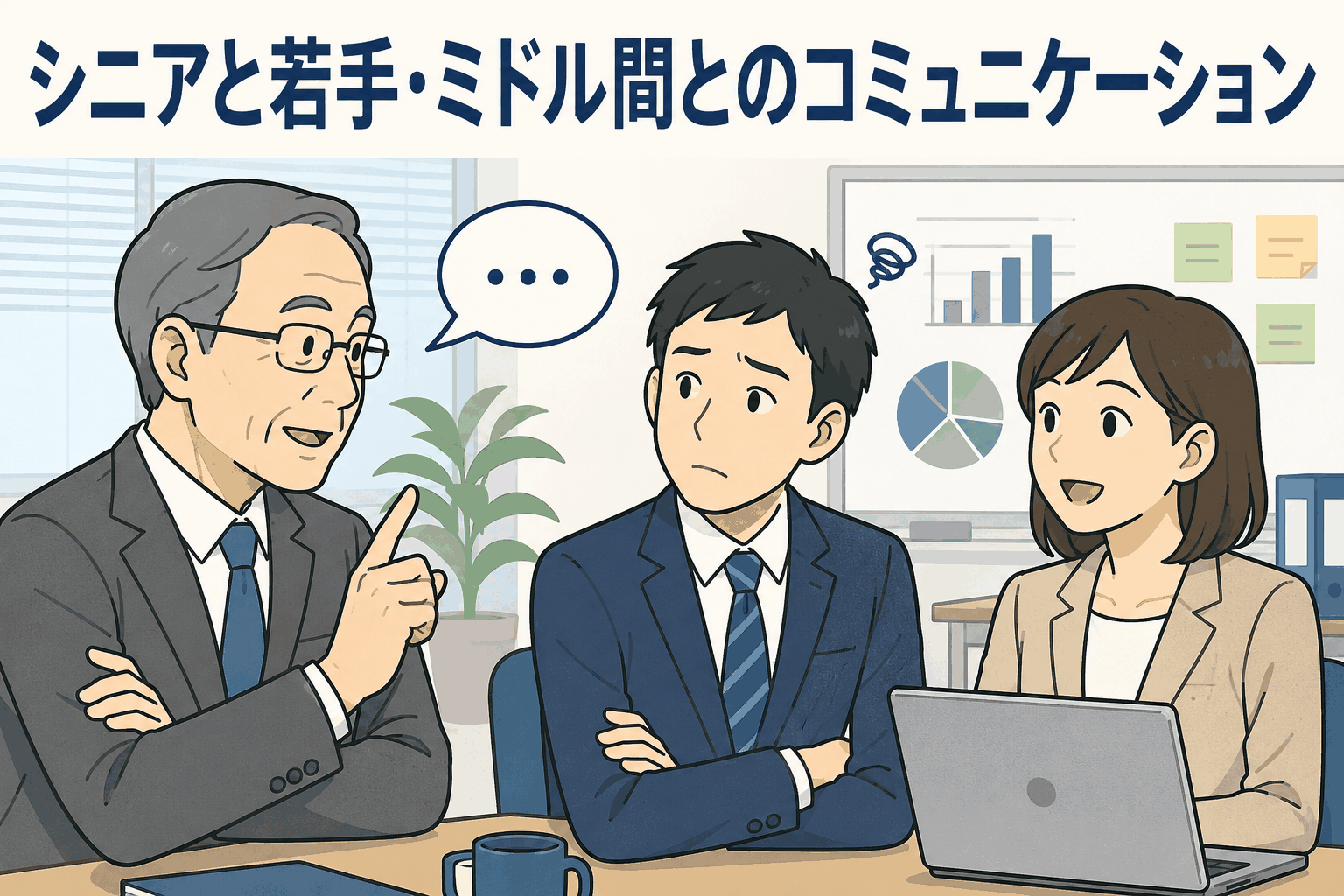 シニア人材と若手・ミドル層が職場でコミュニケーションを取る様子を描いたイラスト。世代間の協力関係や職場での意識の違いを表現。