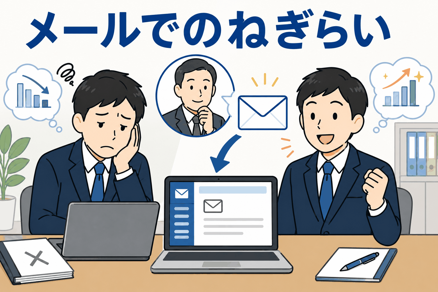商談で結果が出なかった部下をメールでねぎらい、上司がプロセスを評価して前向きに励ますビジネスシーン
