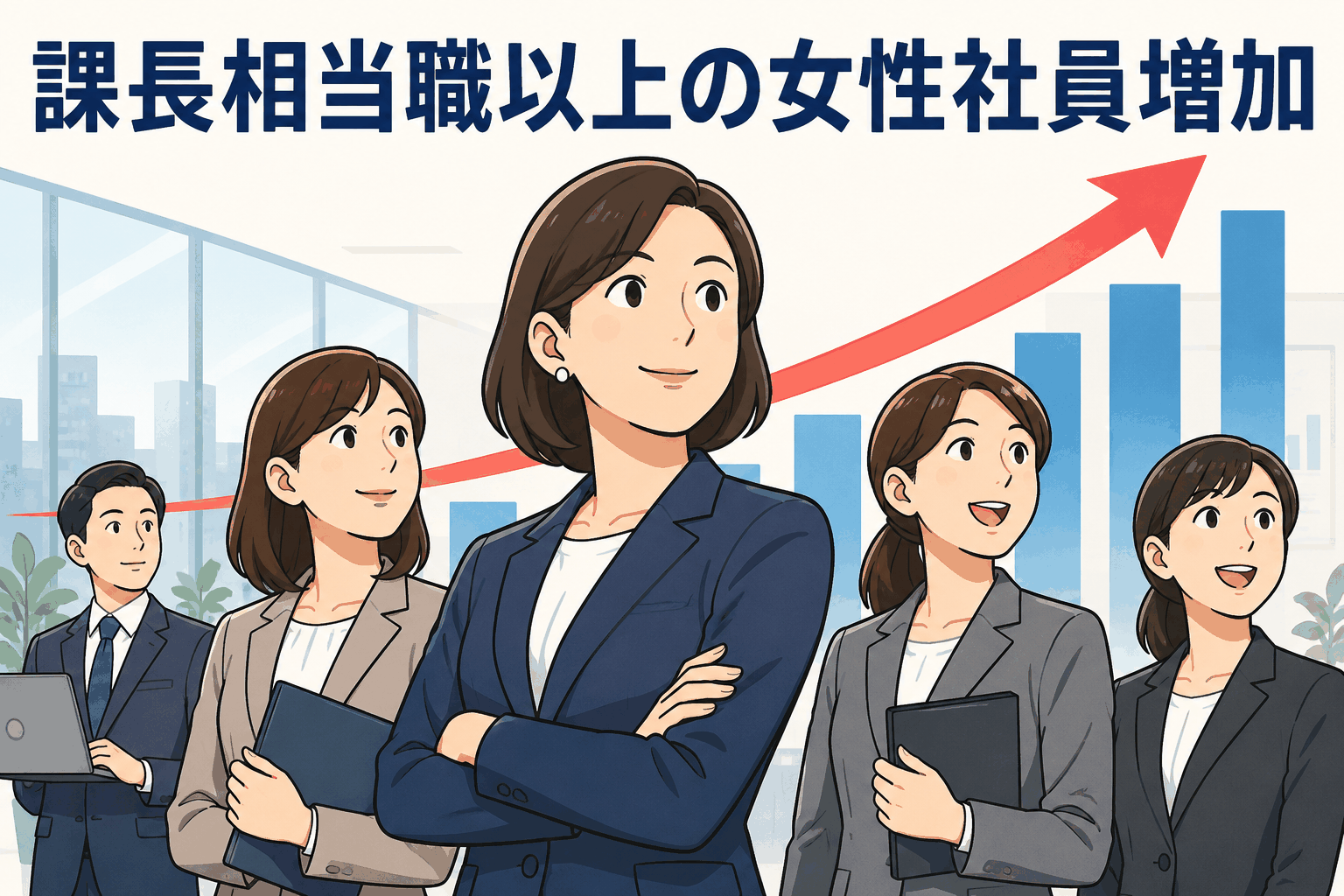 課長相当職以上の女性社員増加を示すグラフと、職場で活躍する女性管理職のイラスト