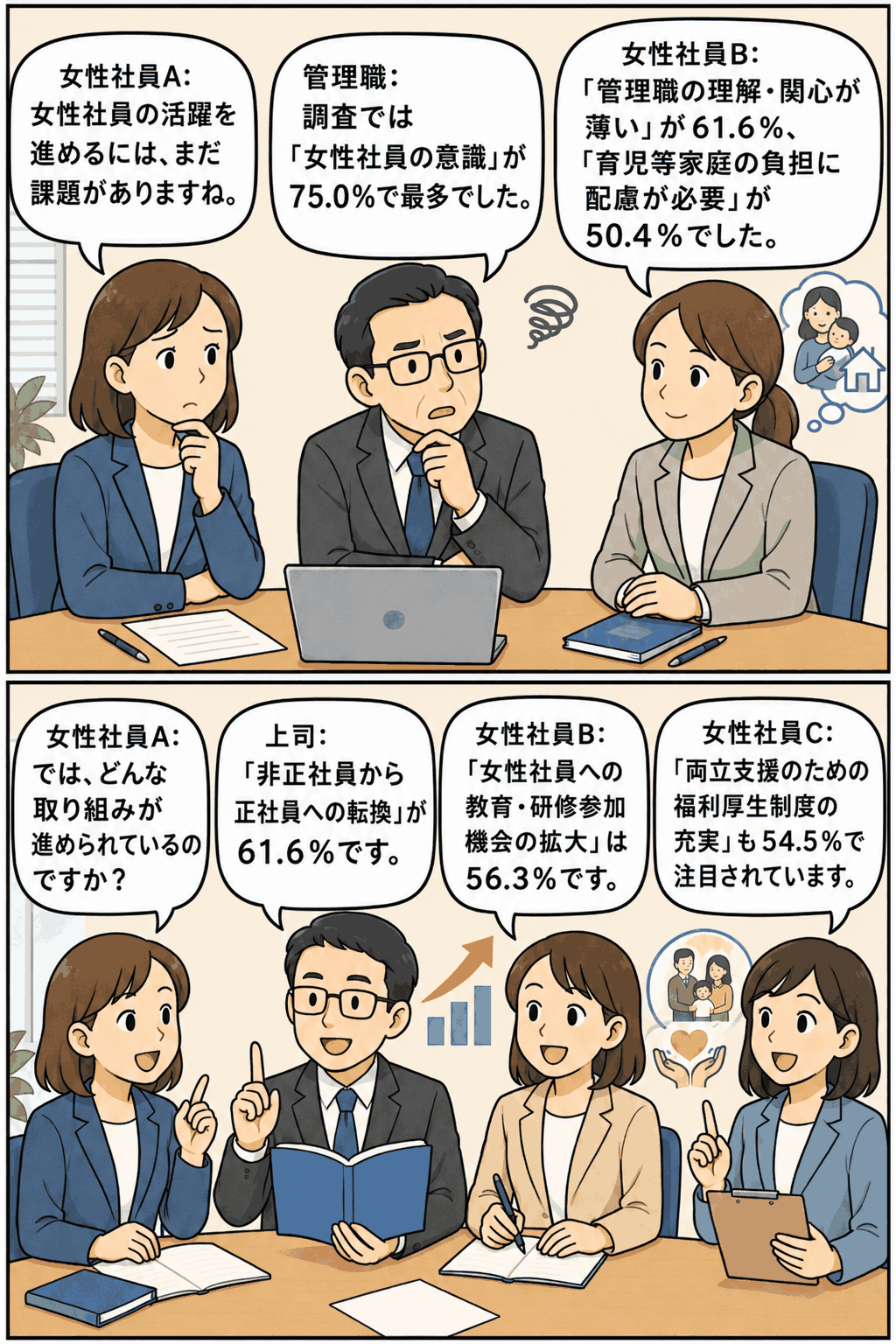 女性社員活躍の推進上の課題と取り組みを会議形式で解説する漫画。女性社員の意識75.0%、管理職の理解・関心61.6%、育児等家庭的負担への配慮50.4%、正社員転換61.6%、教育研修機会拡大56.3%、福利厚生制度充実54.5%を紹介。
