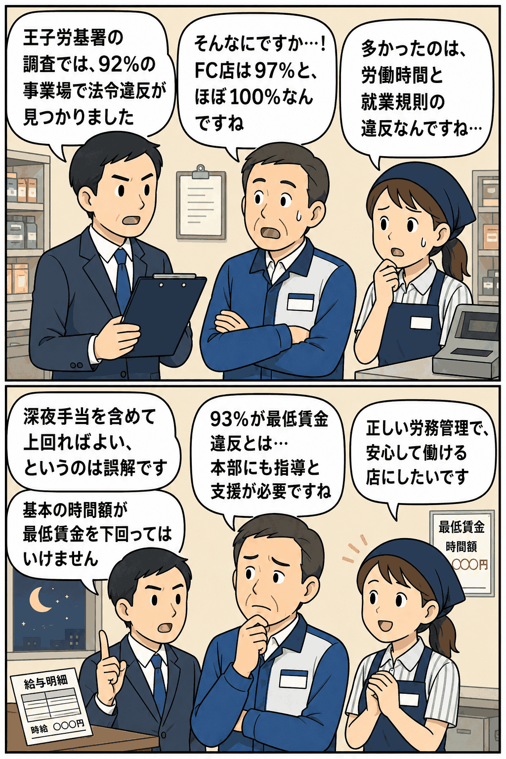 王子労基署の調査でコンビニの92％に法令違反、FC店は97％と説明する漫画。最低賃金違反や深夜手当の誤解、労務管理の重要性を伝えている。