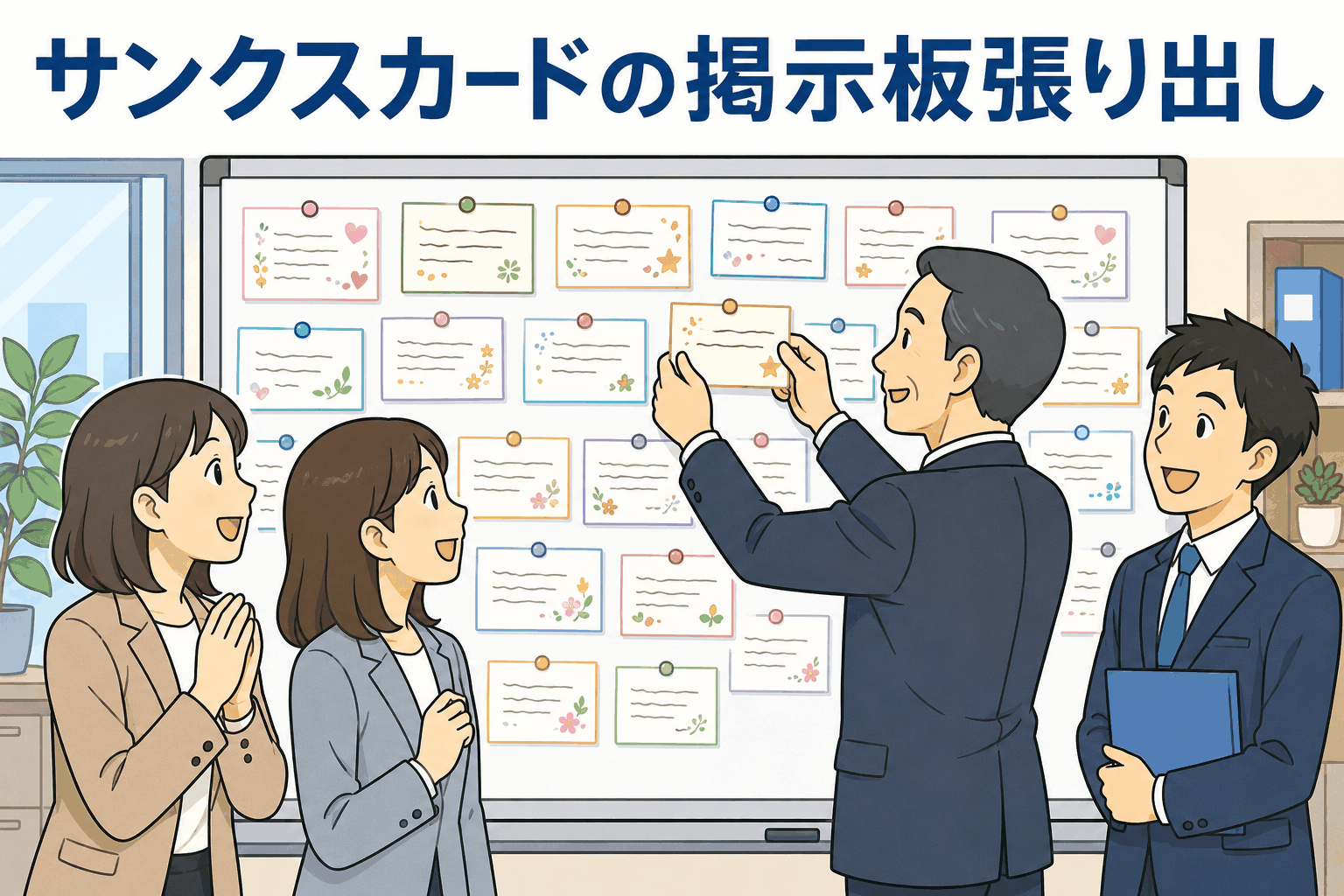 サンクスカードを社内掲示板に張り出し、社員同士の感謝やほめる文化を見える化する職場のイラスト