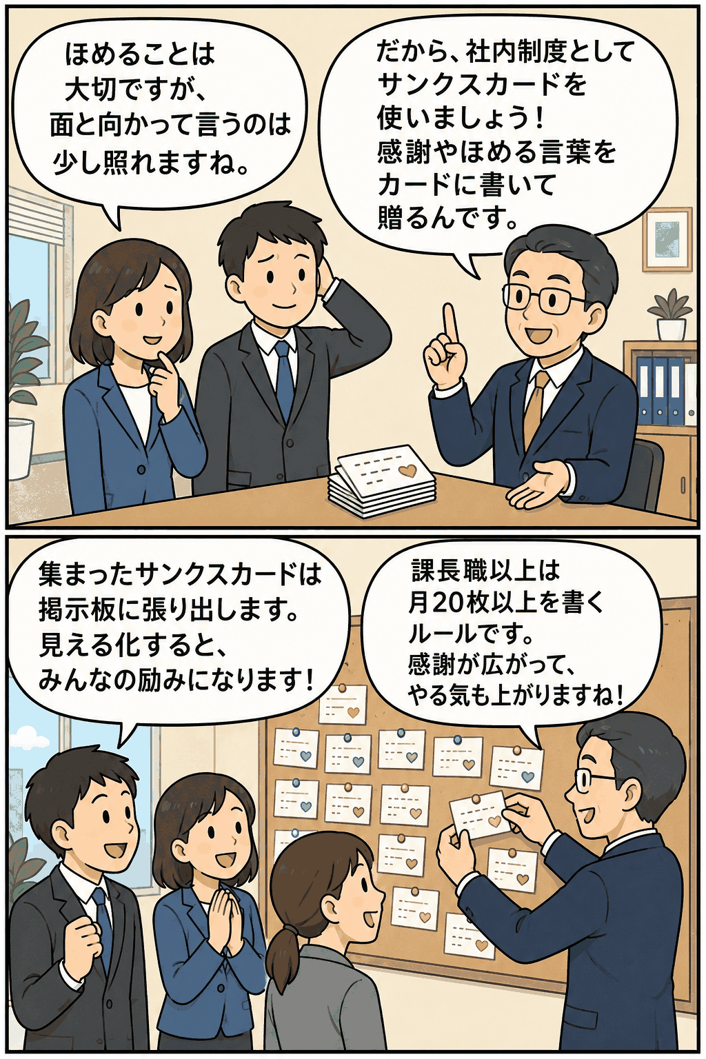 サンクスカードを社内制度として活用し、感謝やほめる言葉を掲示板に張り出して見える化する職場漫画