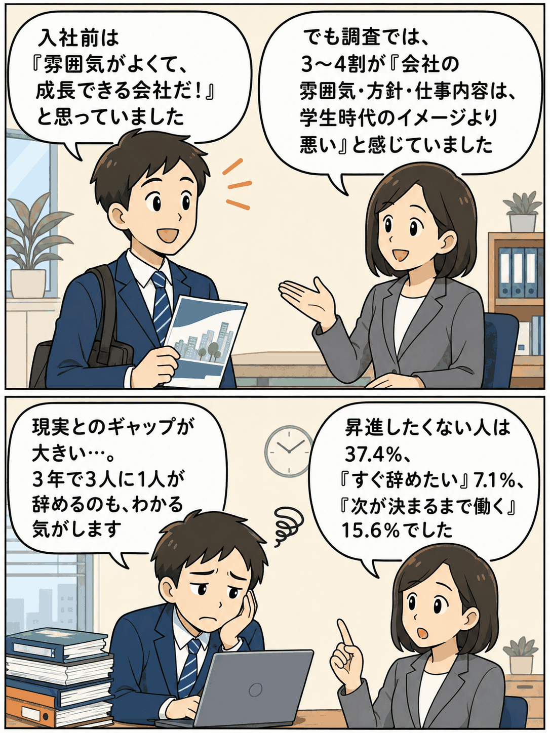 就職前後の就労意識ギャップに悩む若手社会人を描いたイラスト。入社前の期待と入社後の職場への不安、昇進意欲や転職意識の変化を表現。