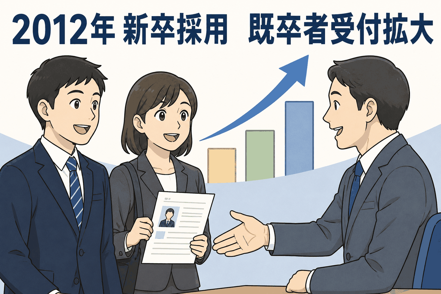 2012年新卒採用で既卒者の応募受付が拡大し、面接を受ける就活生と採用担当者を描いたイラスト