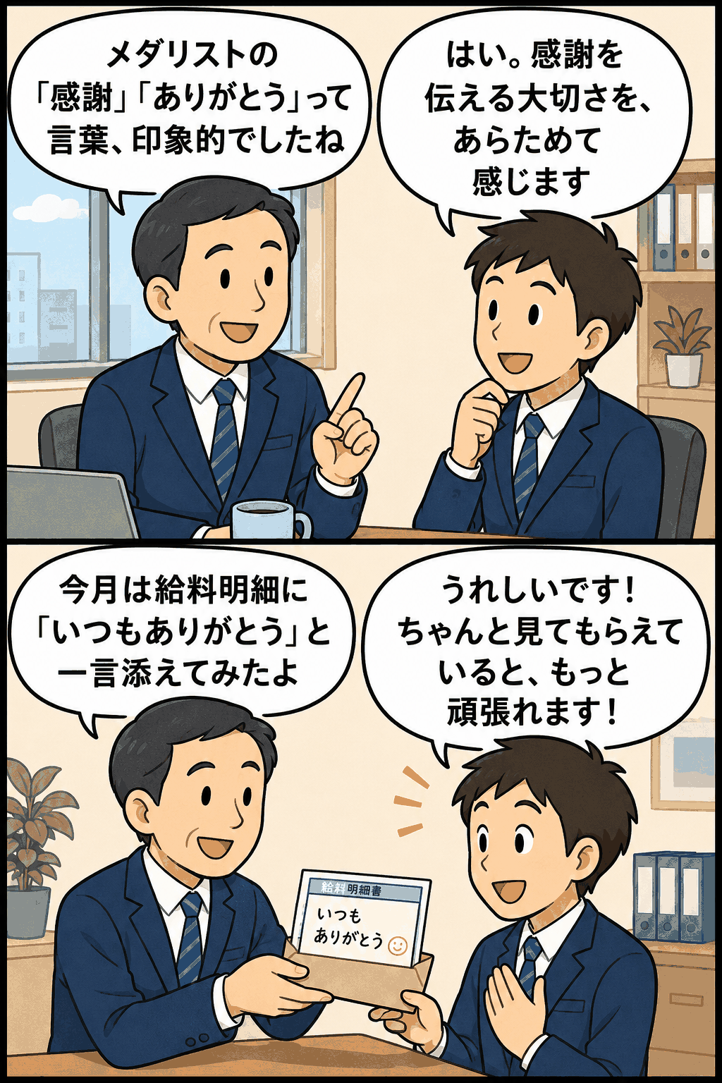メダリストの感謝の言葉をきっかけに、給料明細へ「いつもありがとう」と手書きメッセージを添えて部下に感謝を伝える上司と社員の漫画