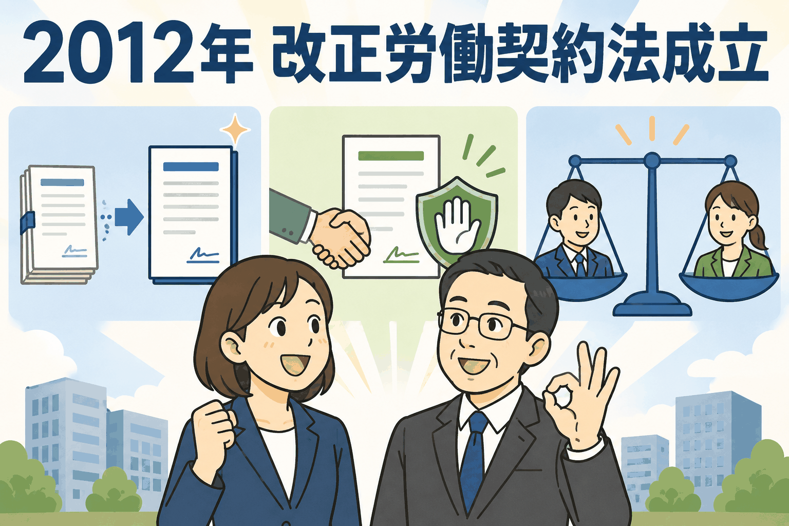 2012年に成立した改正労働契約法の概要を解説するイラスト。無期労働契約への転換、雇止め法理の法定化、不合理な労働条件の禁止を表現。