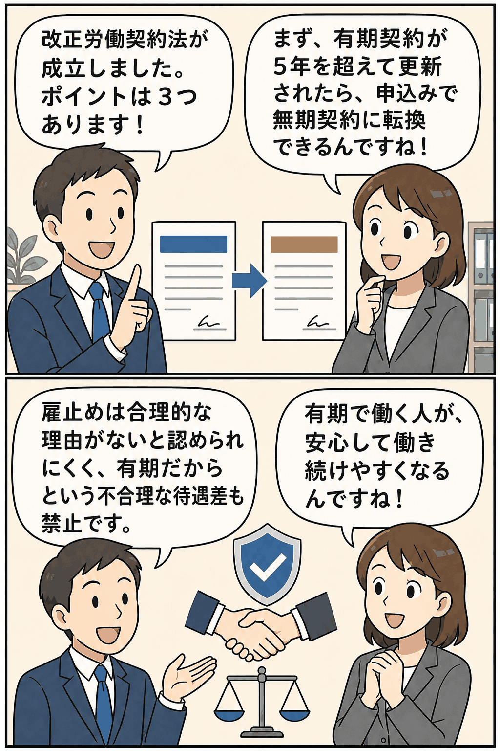 改正労働契約法の3つのポイントを漫画形式で解説する画像。有期契約が5年を超えて更新された場合の無期契約への転換、雇止め法理、不合理な待遇差の禁止を説明。