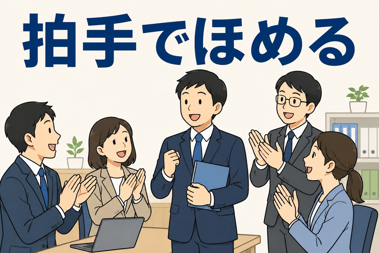 拍手で社員をほめる職場の様子。チームメンバーが成果を称え合い、前向きな社内コミュニケーションを育んでいるイラスト。