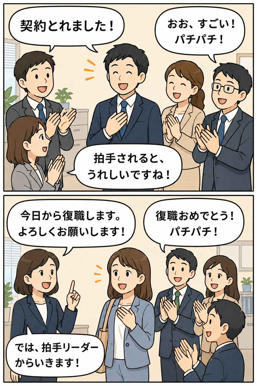 職場で契約獲得や復職を拍手で称える社員たちの漫画イラスト。拍手リーダーが率先して、成果や復職を前向きにほめる社内コミュニケーションを表している。