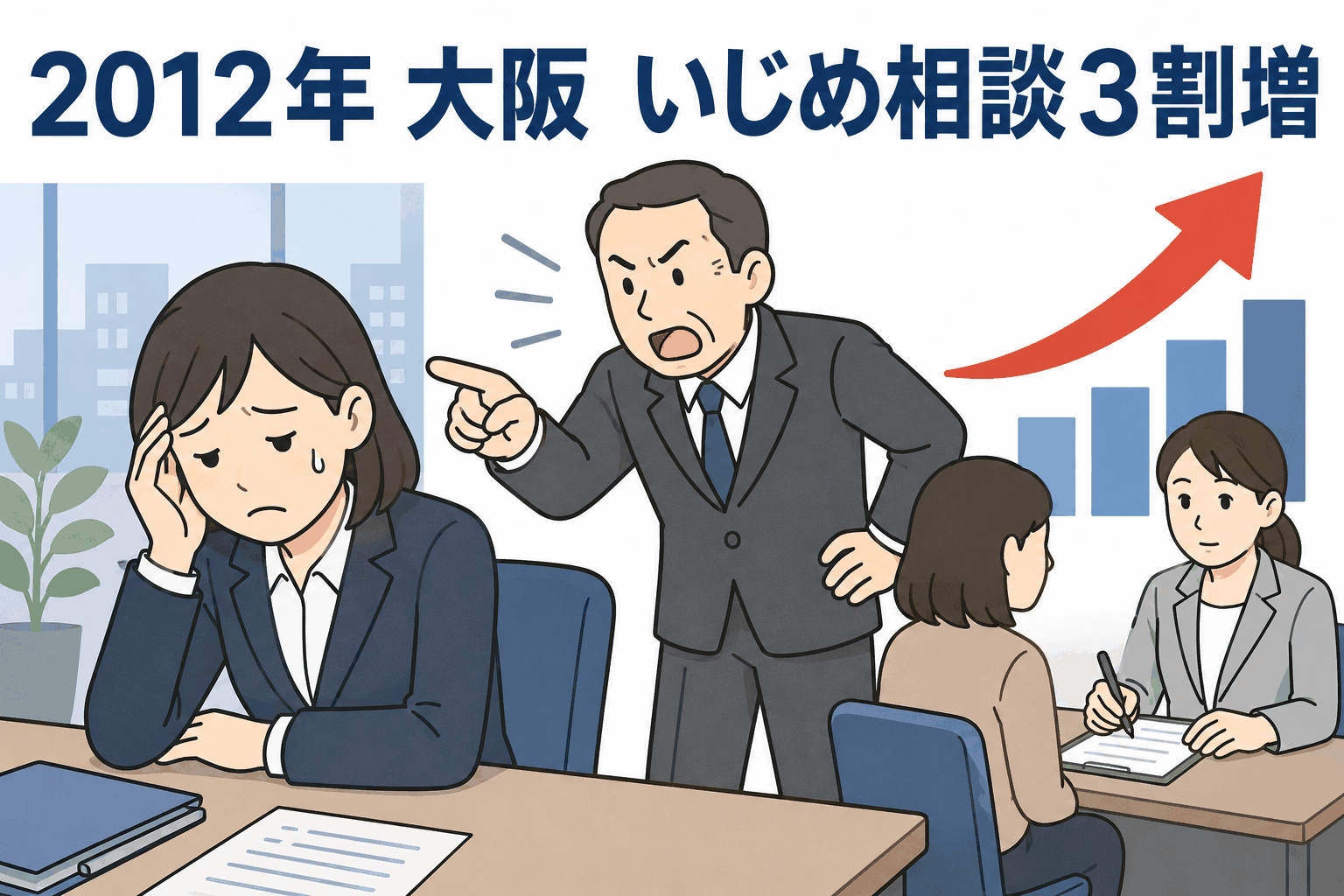 2012年大阪府の労働相談で職場のいじめ相談が前年度比3割増となり、上司から叱責を受け悩む女性と相談対応の様子を描いたイラスト