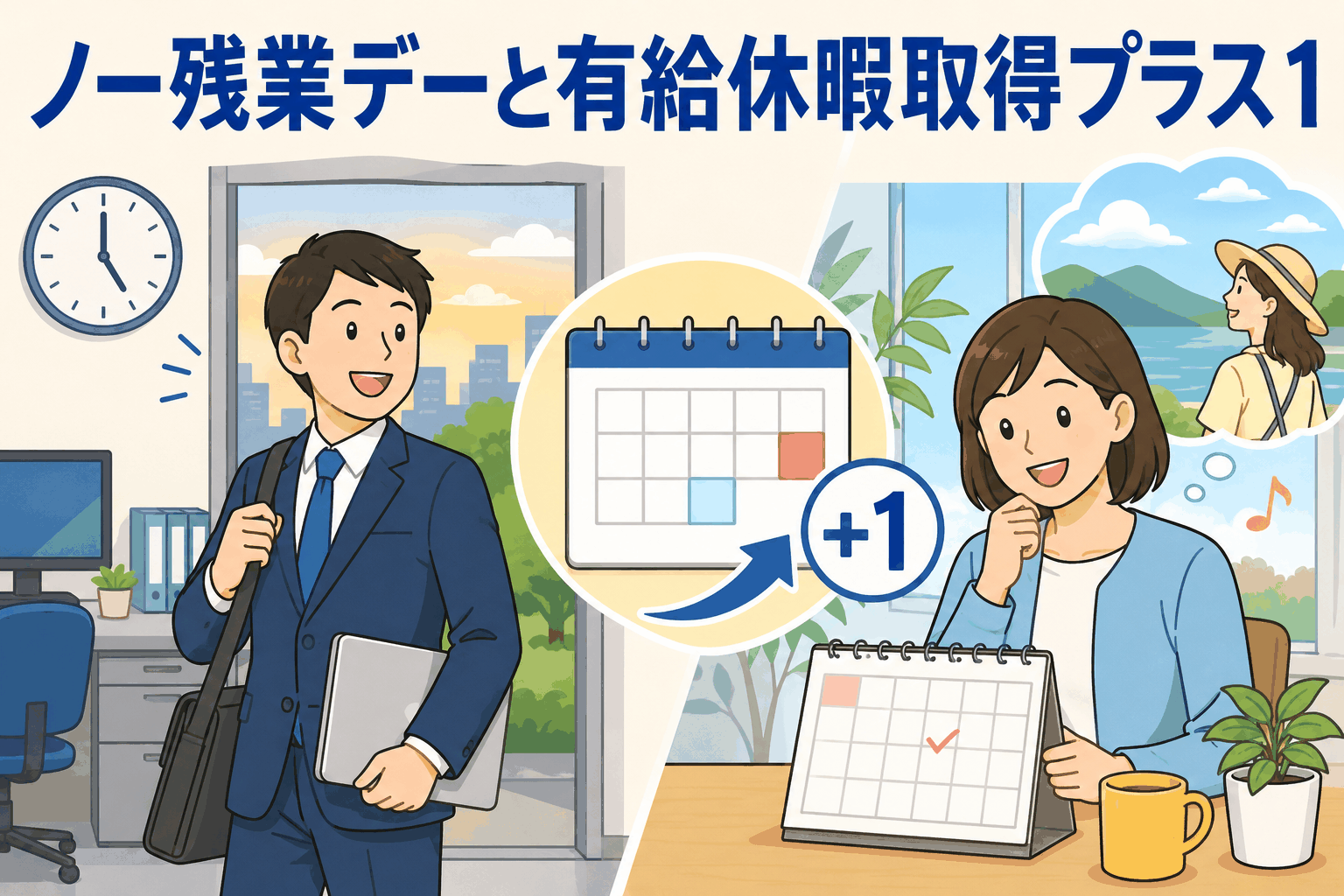 愛知県内一斉ノー残業デー運動と有給休暇取得プラス1運動を表すイラスト。定時退社する会社員と、有給休暇の取得日数を増やす女性が描かれている。