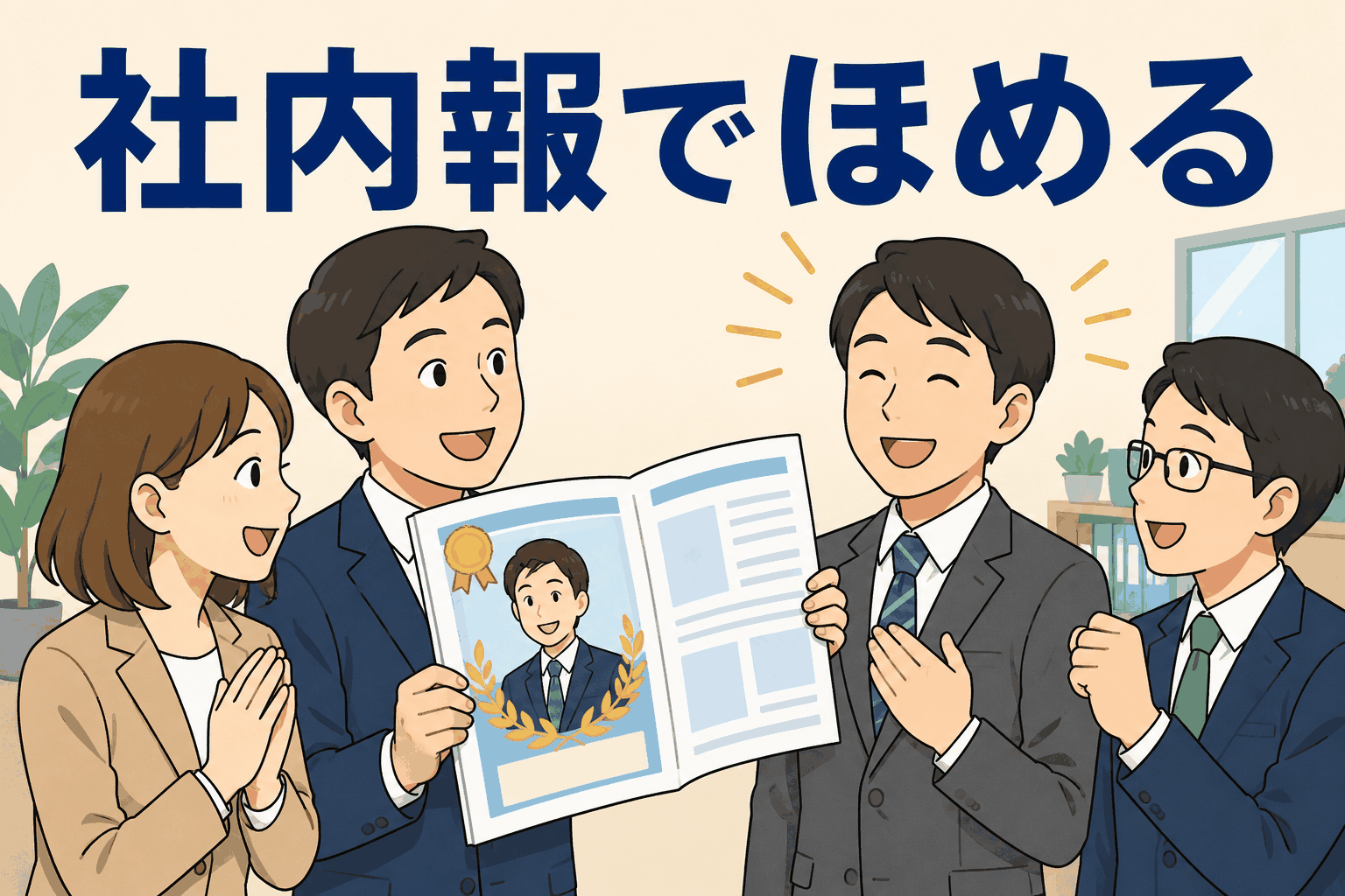 社内報で社員をほめることで、表彰者紹介やサンクスカード掲載を通じてモチベーション向上につなげるイラスト