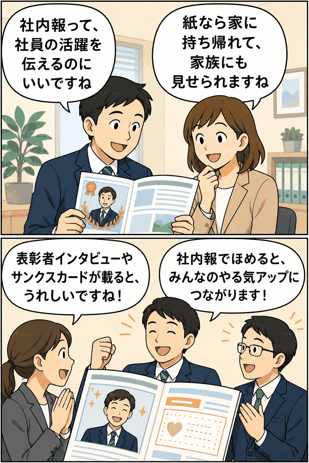社内報で社員の活躍を紹介し、表彰者インタビューやサンクスカード掲載を通じて社員をほめ、やる気向上につなげる漫画イラスト