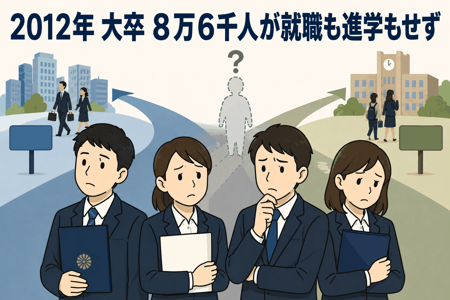 2012年春の大卒者のうち8万6千人が就職も進学もせず、進路に悩む若者を描いたイラスト