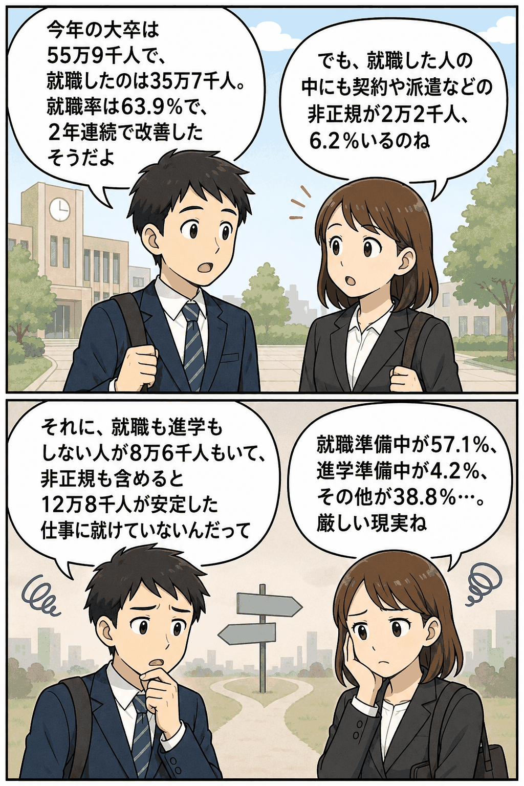 2012年春の大卒者の就職率63.9％や非正規雇用、就職も進学もしない8万6千人の現状を会話形式で解説する漫画