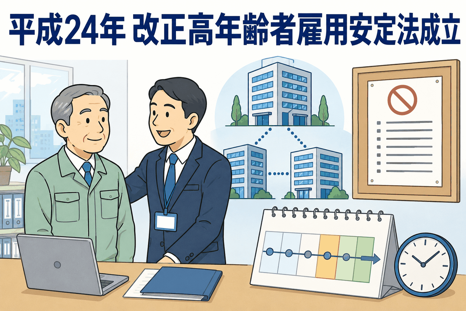平成24年改正高年齢者雇用安定法の成立と継続雇用制度の見直しを説明するイラスト
