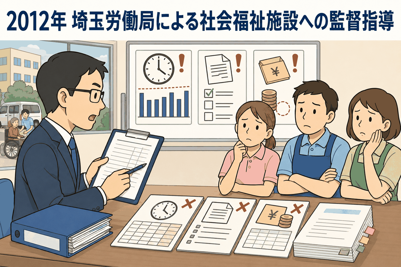 2012年に埼玉労働局が社会福祉施設へ行った監督指導で、労働時間や就業規則、割増賃金の違反を説明するイラスト