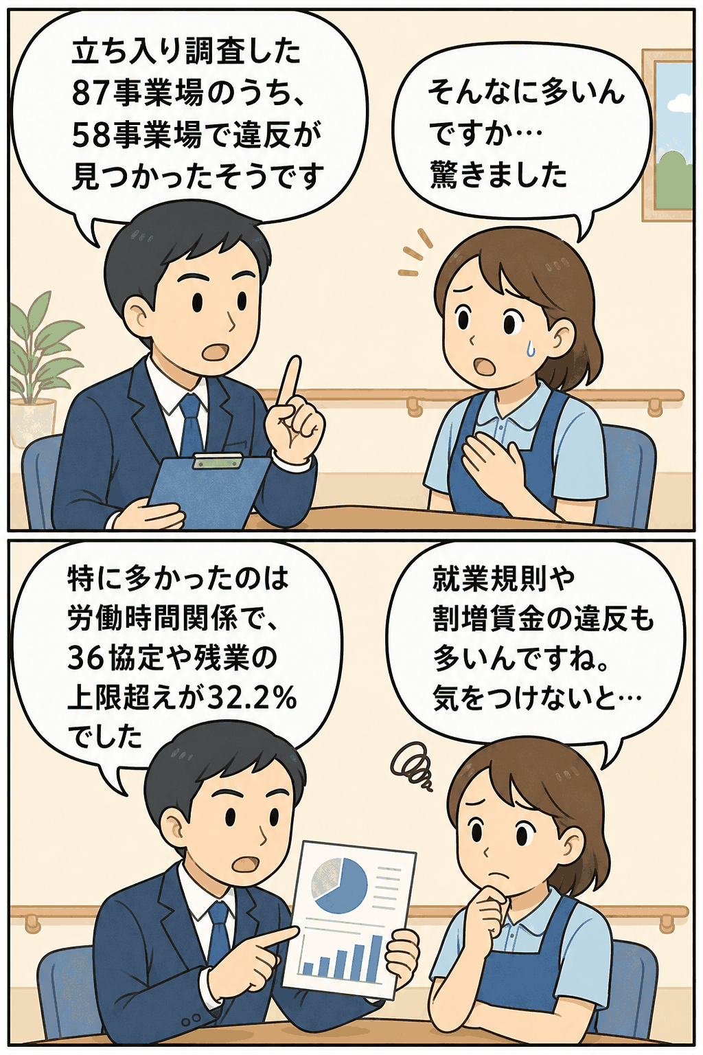 埼玉労働局の社会福祉施設への監督指導結果について、87事業場中58事業場で違反が見つかり、労働時間や就業規則、割増賃金の問題を説明する漫画