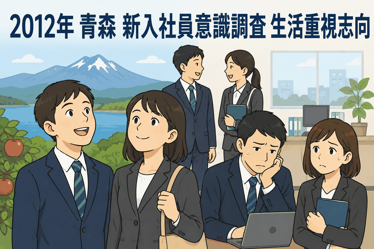 青森県の新入社員が県内就職や仕事への不安について考えるイラスト。2012年の意識調査で生活重視志向が見られる様子