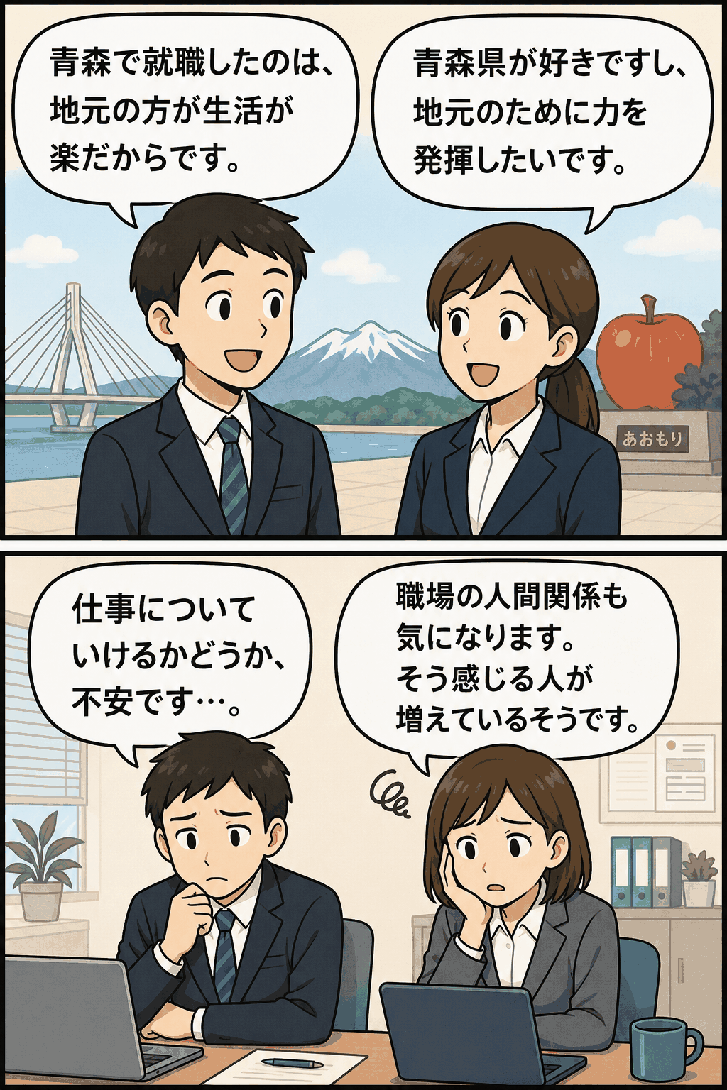 青森県の新入社員が県内就職を選んだ理由や仕事・職場の人間関係への不安を語る漫画風イラスト