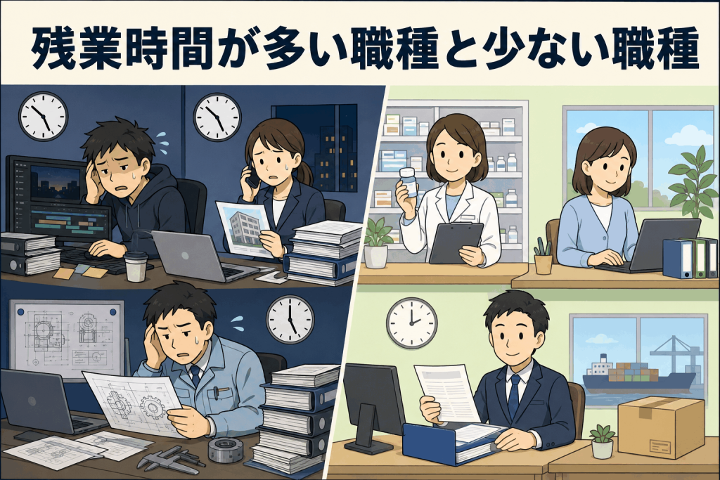 残業時間が多い職種と少ない職種