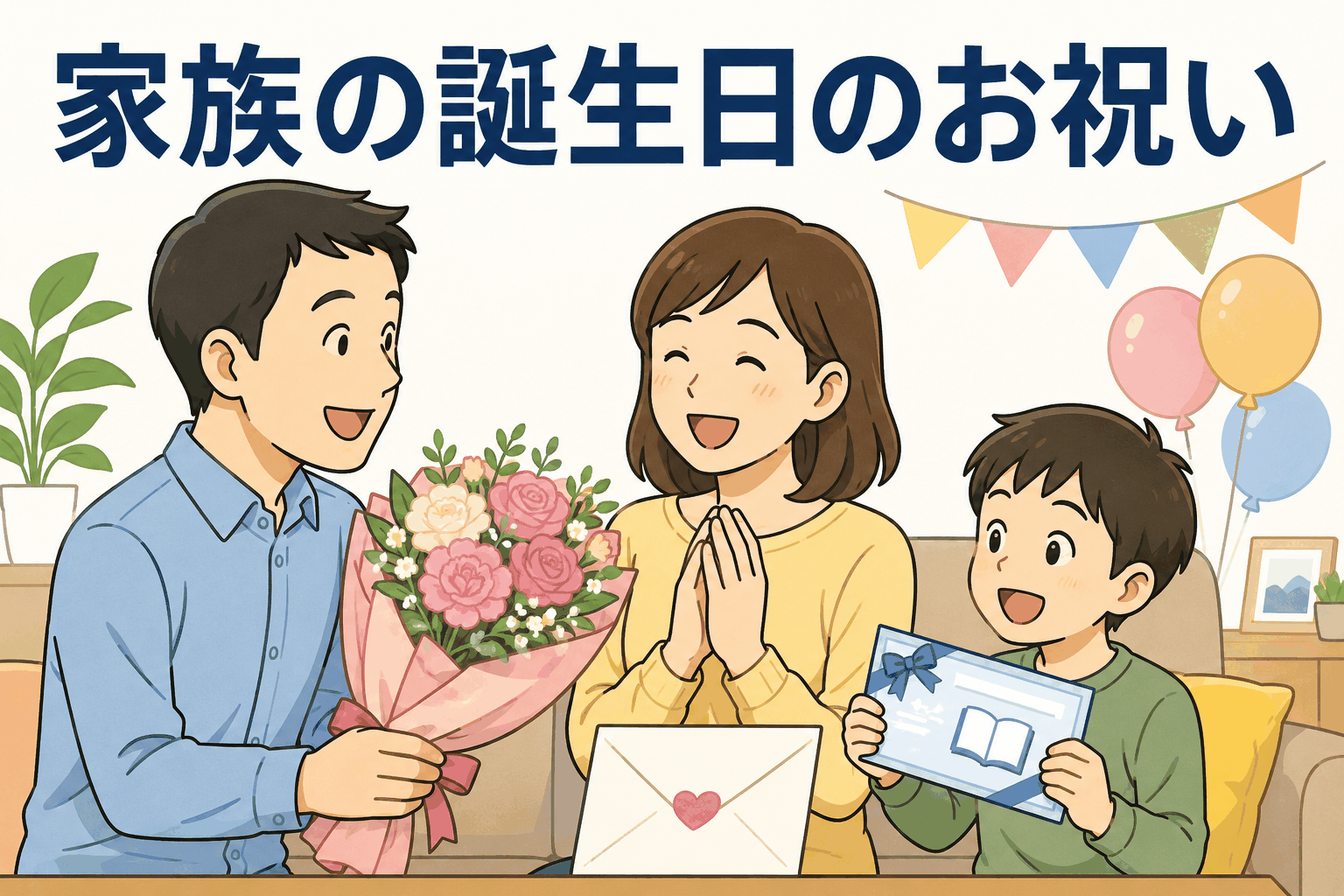 社員の家族の誕生日を会社が花束や図書券でお祝いする福利厚生制度のイラスト