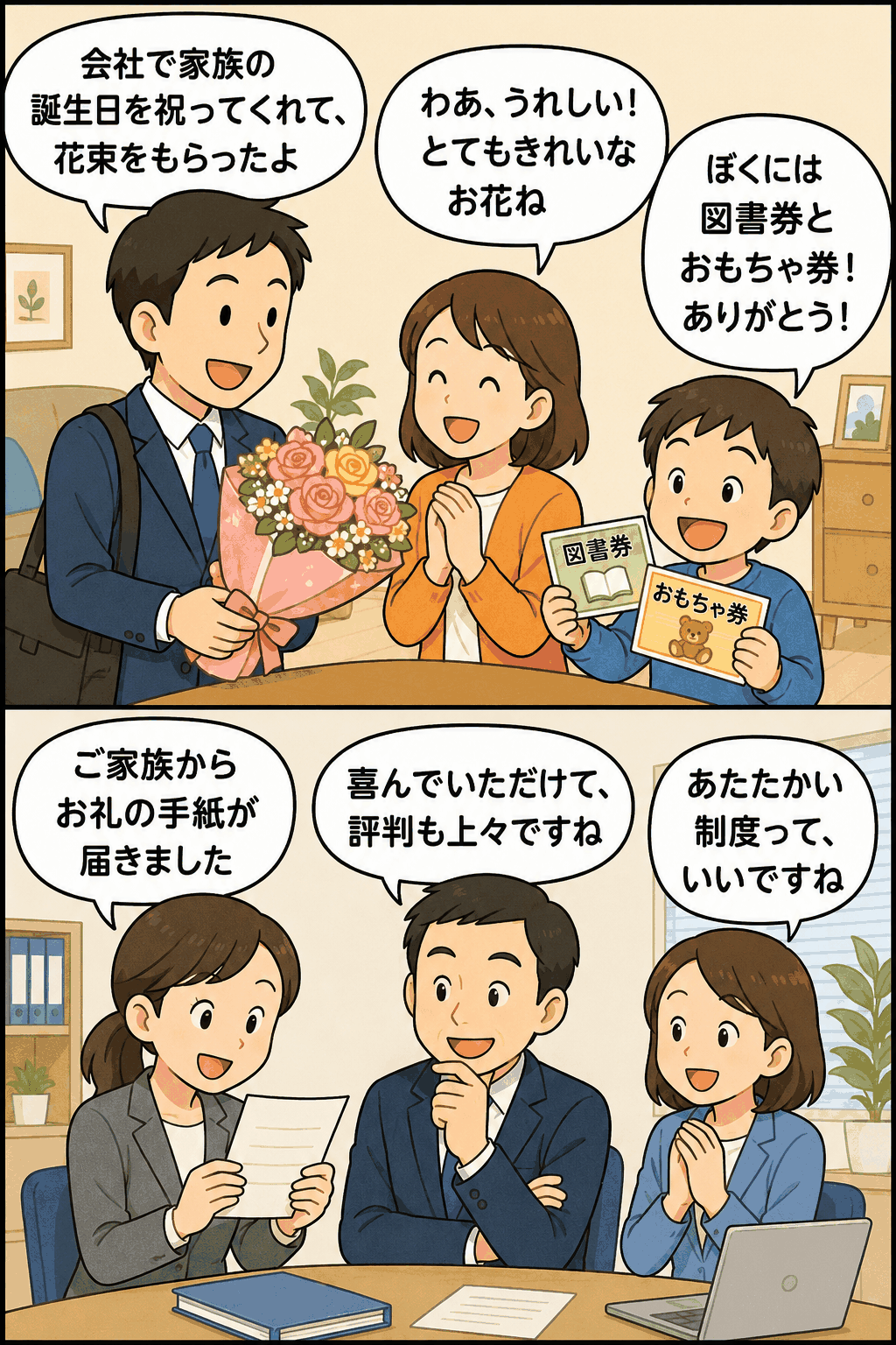 会社が社員の家族の誕生日に花束や図書券、おもちゃ券を贈り、家族から感謝の手紙が届く福利厚生制度の漫画イラスト