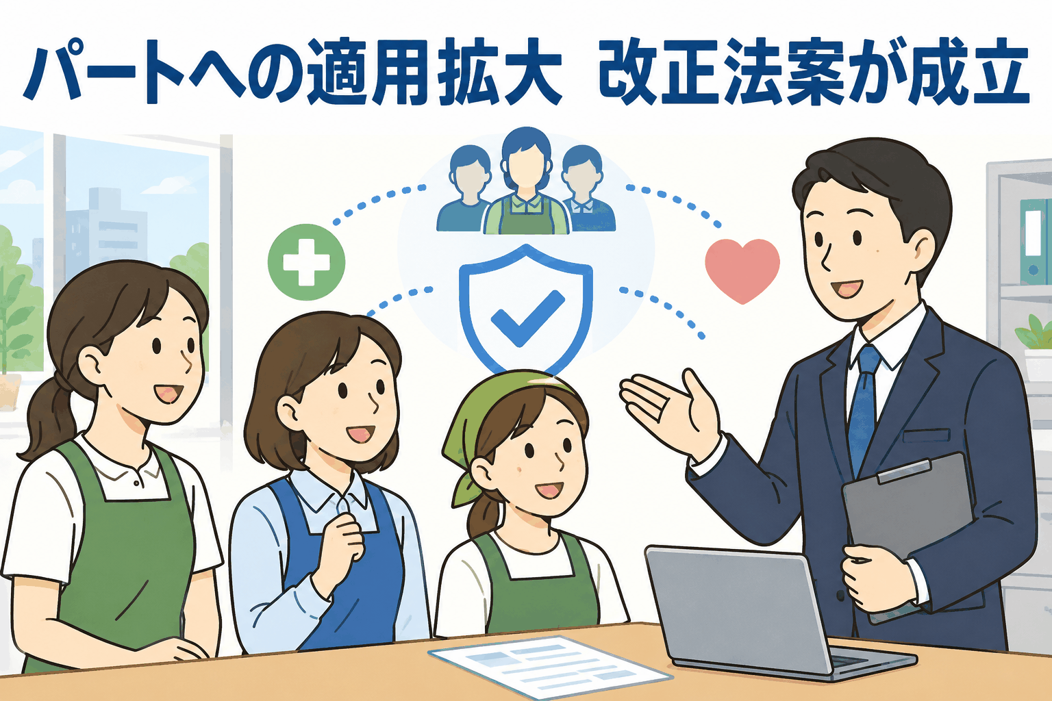 パートタイム労働者への社会保険適用拡大に関する改正法案成立を説明する担当者と従業員のイラスト