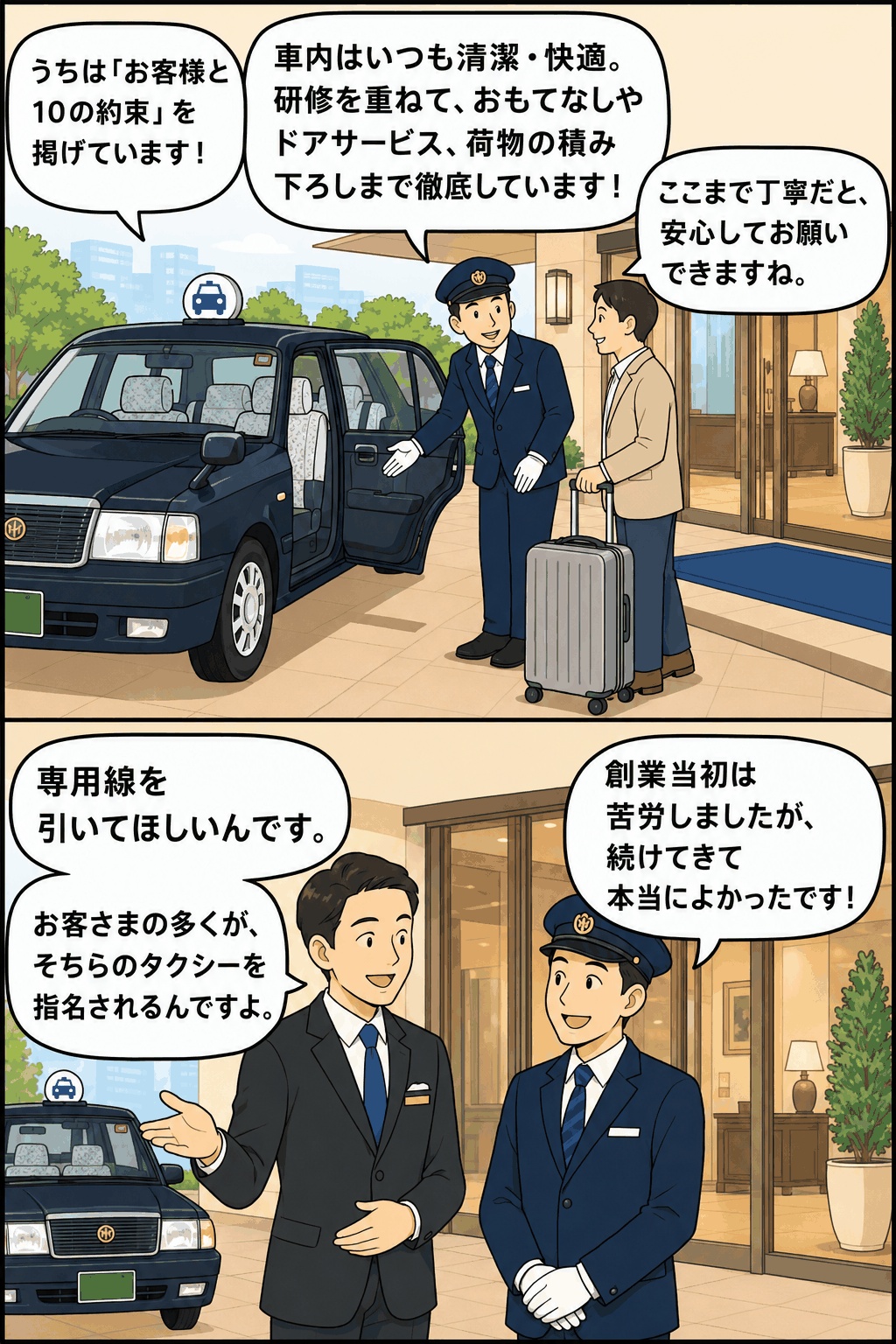 ホテル前でタクシー乗務員がドアサービスを行い、清潔な車内や荷物対応など「お客様と10の約束」を説明する漫画