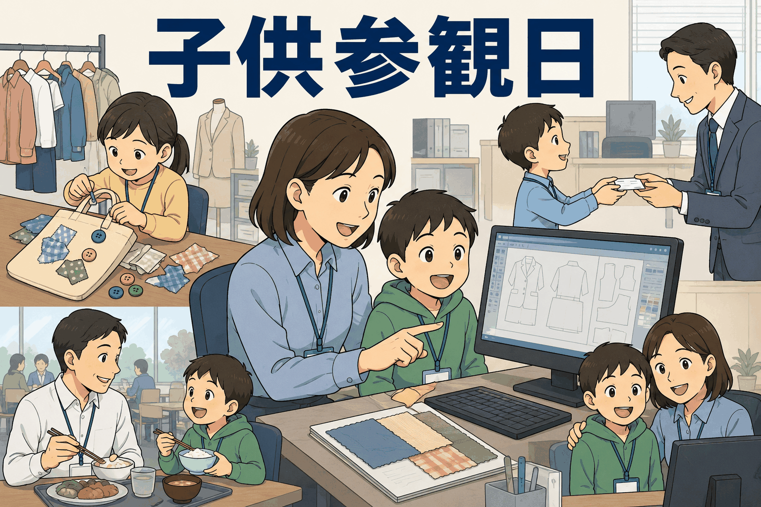 婦人服・紳士服・子供服の企画販売会社で実施された子供参観日。親子でエコバッグ作りやCAD体験、名刺交換、社員食堂での昼食、職場見学を楽しむ様子。