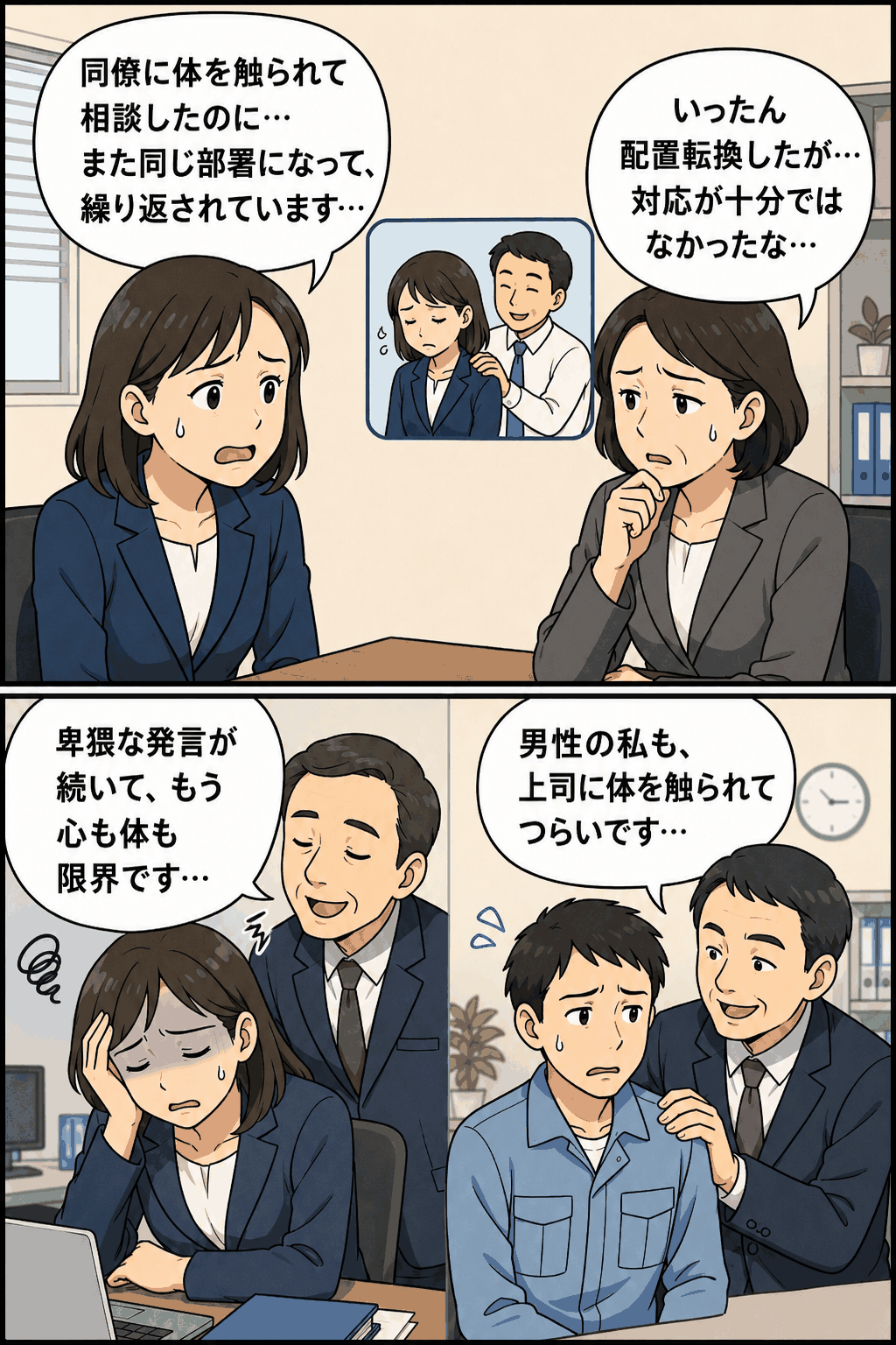鳥取労働局のセクハラ事例をもとに、女性社員が同僚からの身体接触を相談しても再発した事例、上司の卑猥な発言で体調を崩した事例、男性社員が上司から身体を触られて悩む事例を描いた漫画イラスト。