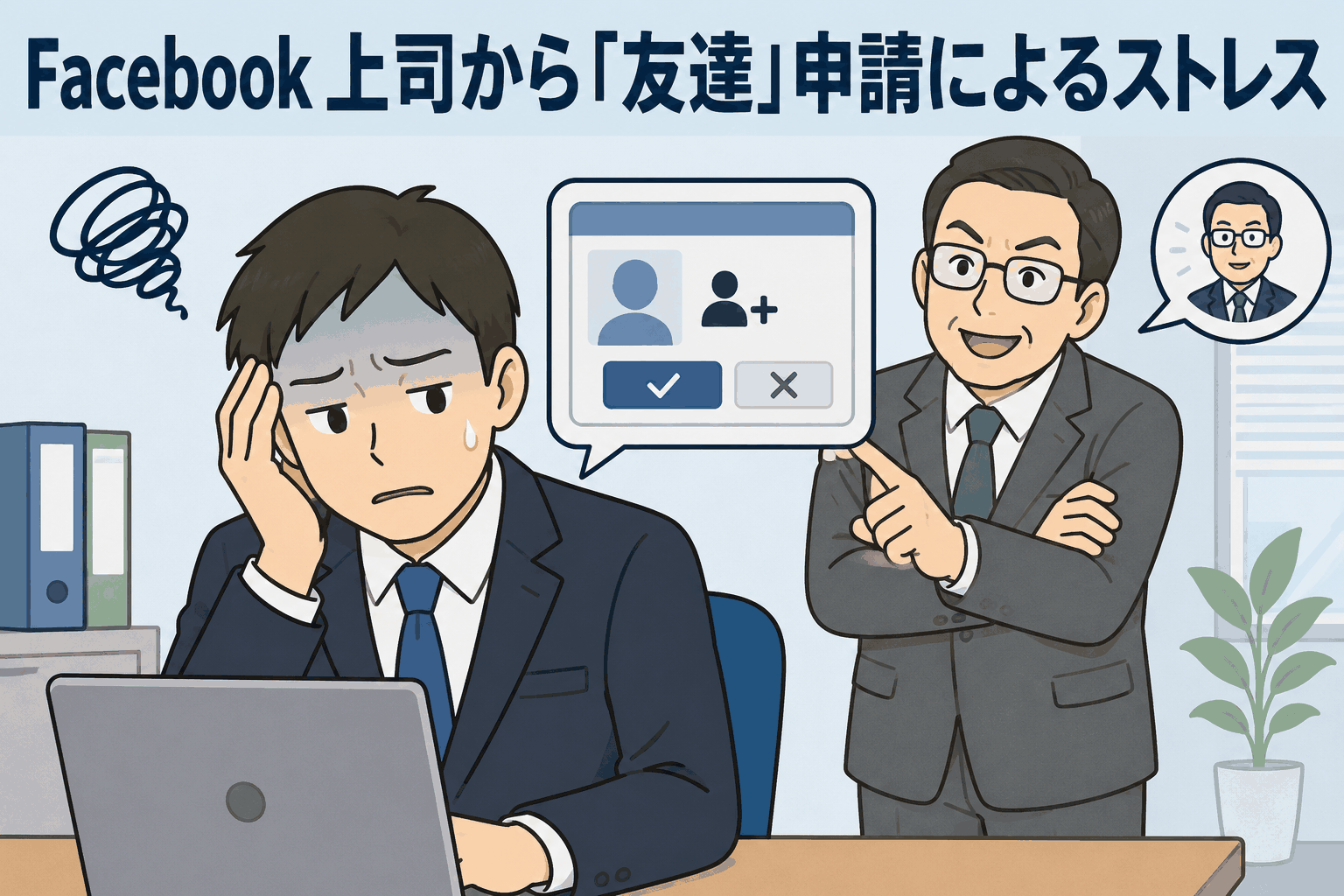 Facebookで上司から友達申請され、投稿閲覧や返信対応にストレスを感じる会社員のイラスト