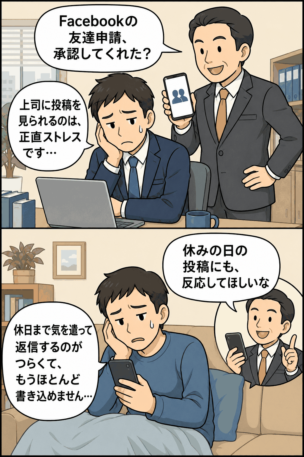 Facebookで上司から友達申請の承認や休日投稿への返信を求められ、SNS利用にストレスを感じる会社員の漫画