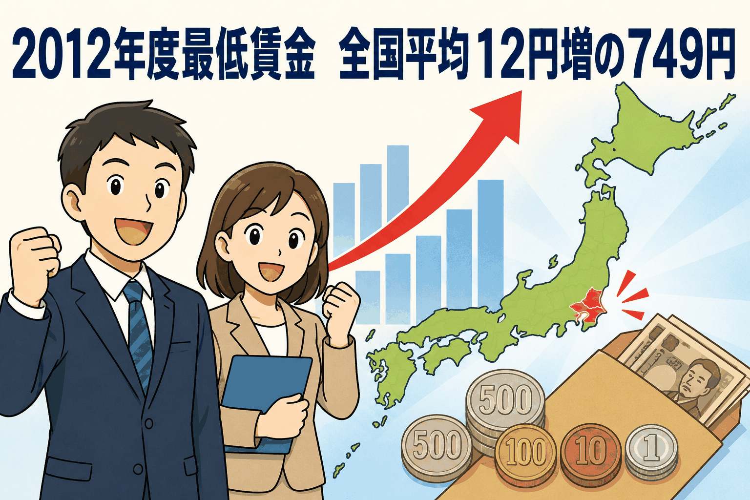 2012年度最低賃金は全国平均749円、前年度比12円増。東京都は最高額の時給850円