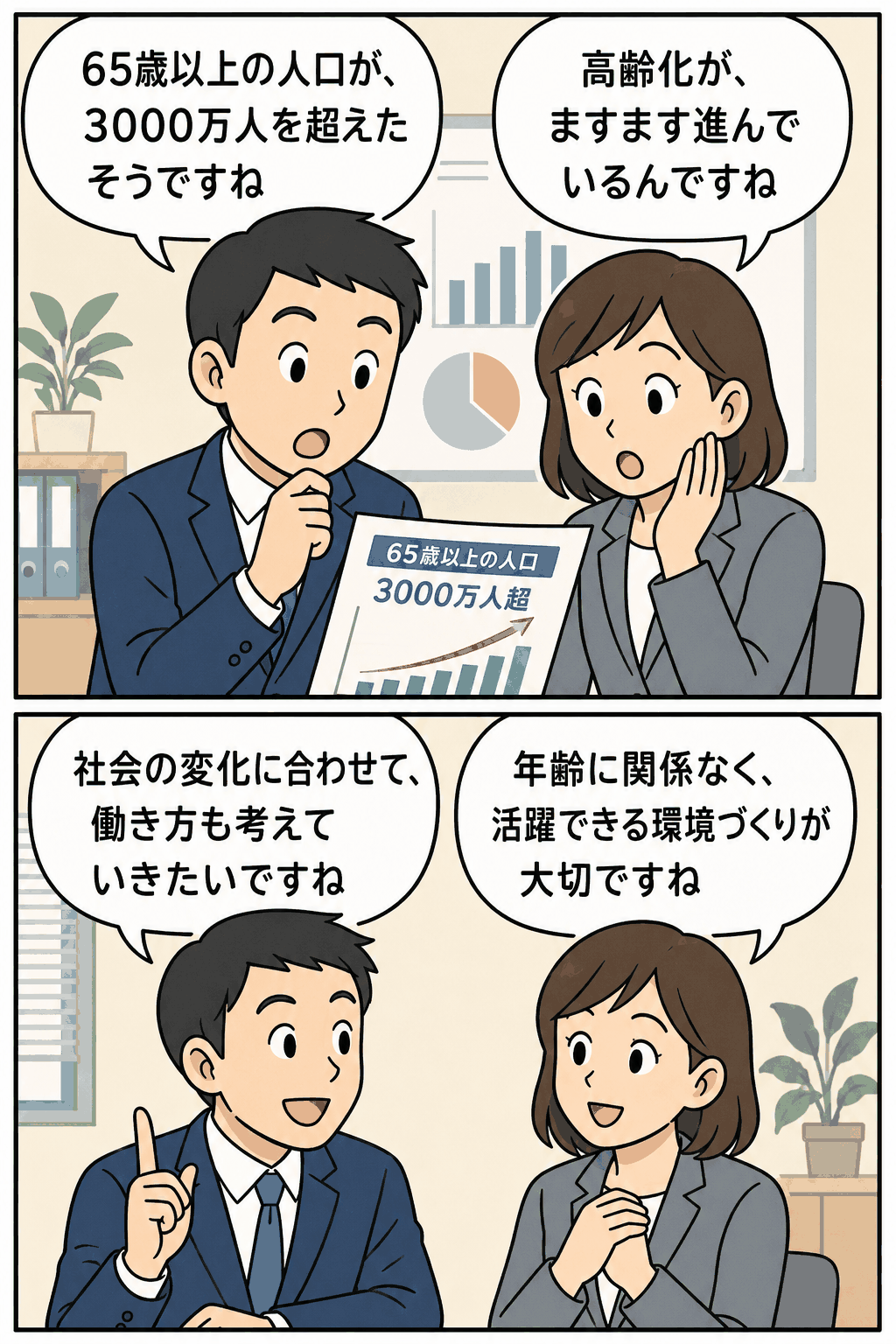 65歳以上の人口が3,000万人を超えた日本の高齢化と働き方の変化について話し合うビジネスパーソンの漫画