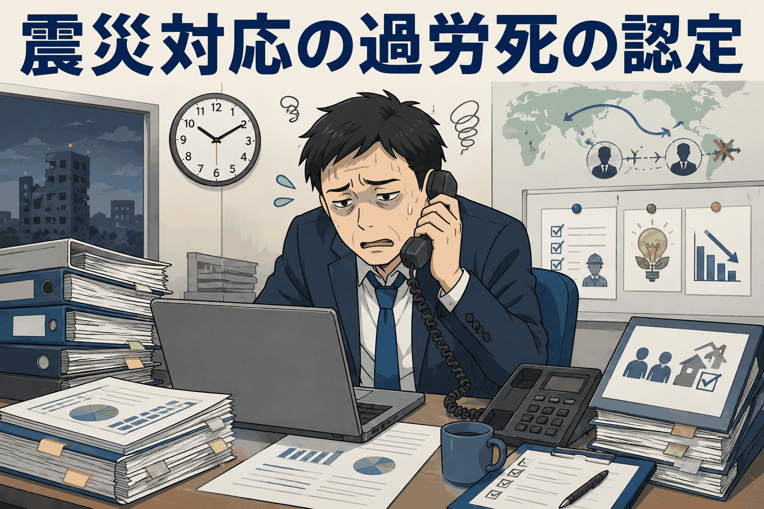 震災対応の長時間労働に追われる会社員と「震災対応の過労死の認定」の文字、労災認定を示すアイキャッチ画像