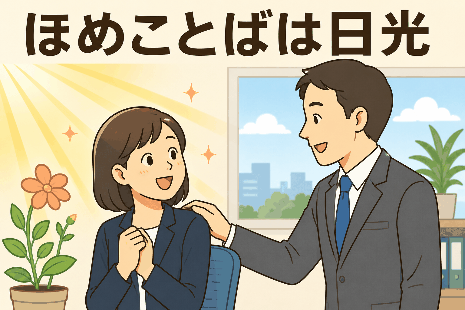 ほめ言葉は日光のように人を成長させるという名言を表した、職場で男性が女性を励ますイラスト