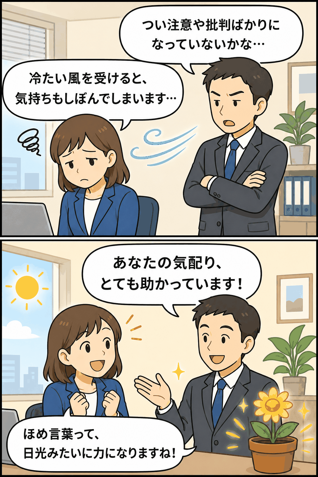 批判の冷たい風ではなく、ほめ言葉の日光が人を元気にし成長を促すことを表した職場の漫画イラスト