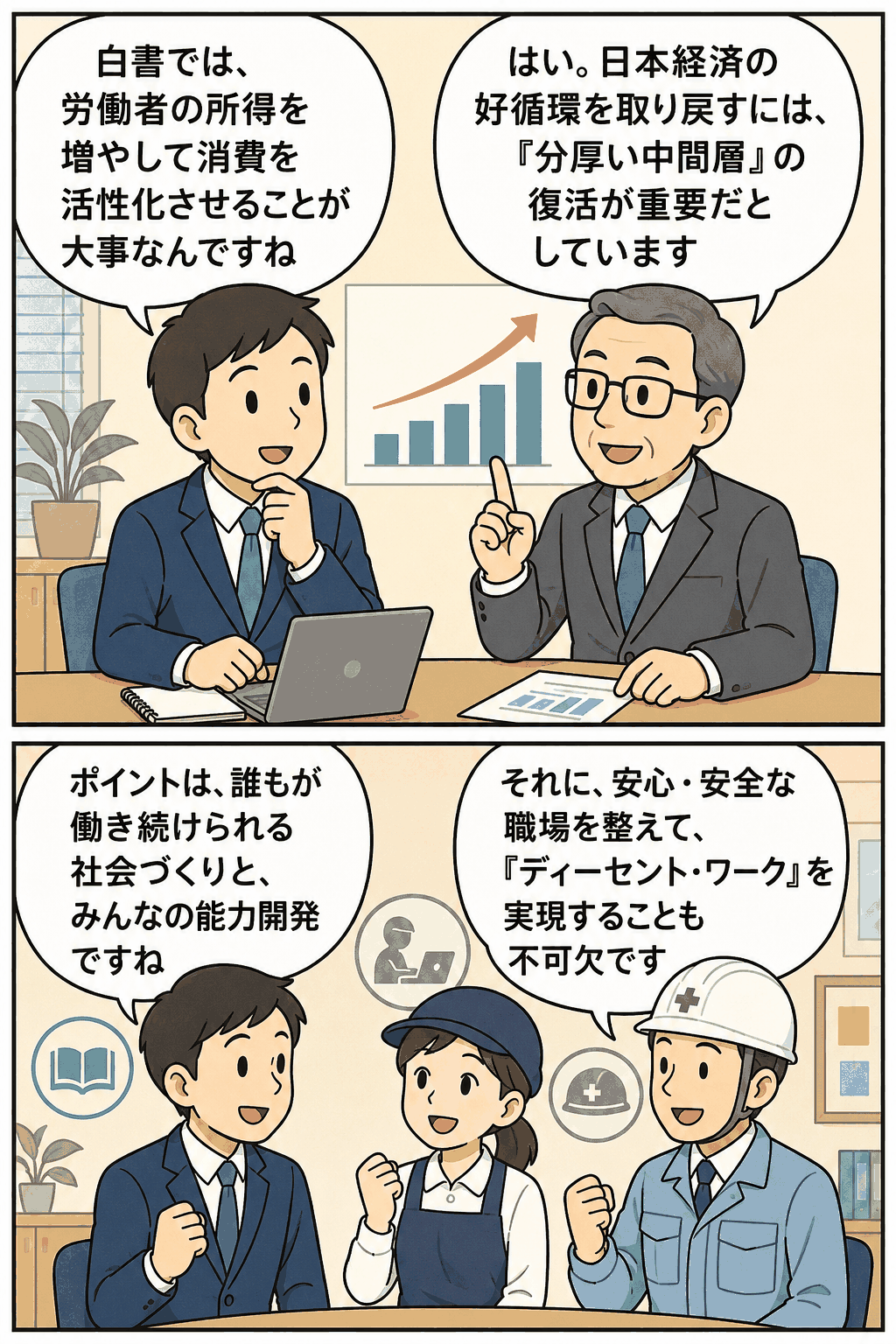 平成24年版労働経済白書の内容を会話形式で解説し、分厚い中間層の復活や全員参加型社会、能力開発、ディーセント・ワークの重要性を示す漫画