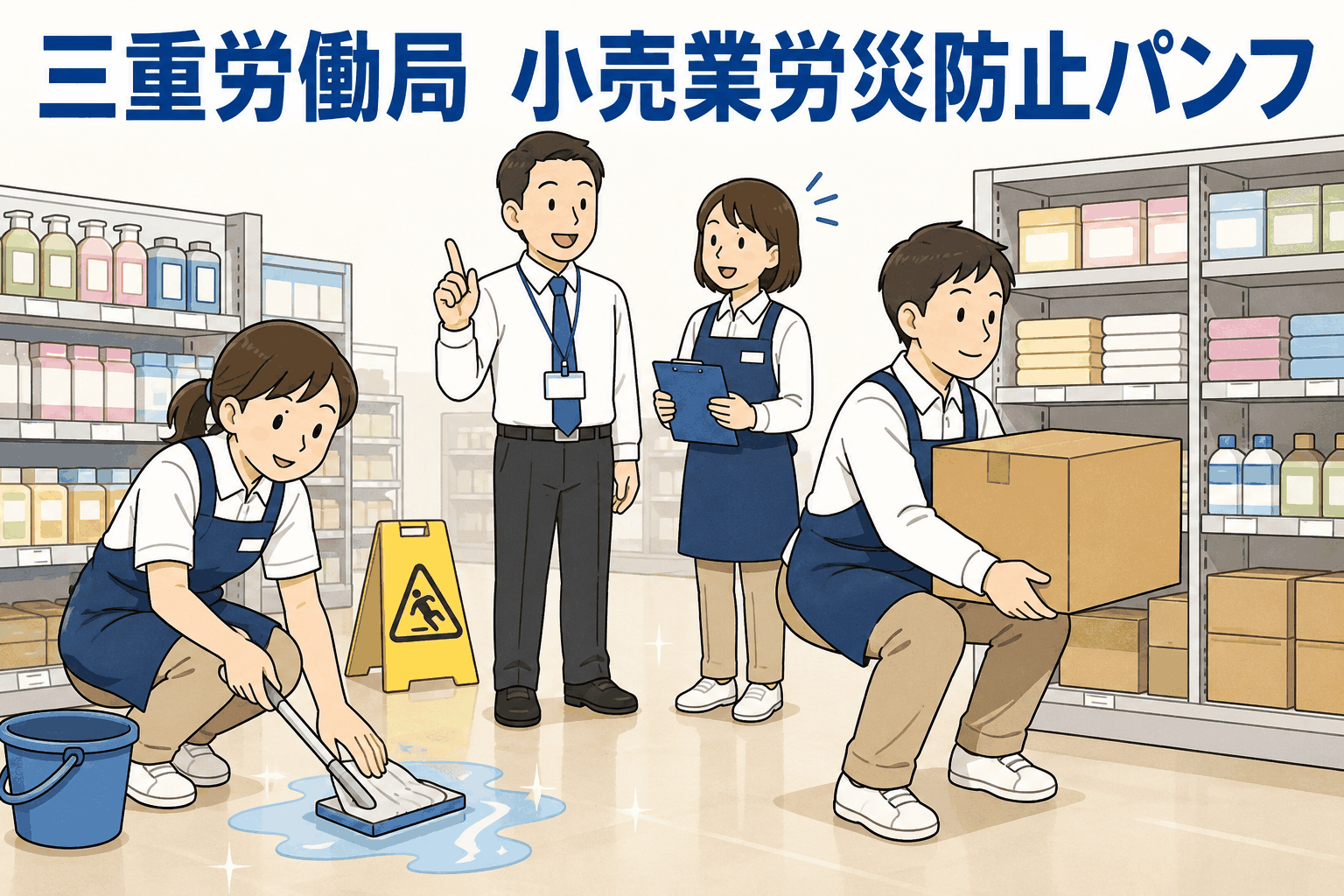 三重労働局の小売業労災防止パンフを示すイラスト。店舗内で清掃、転倒防止、重量物の持ち上げ方を確認する従業員たち