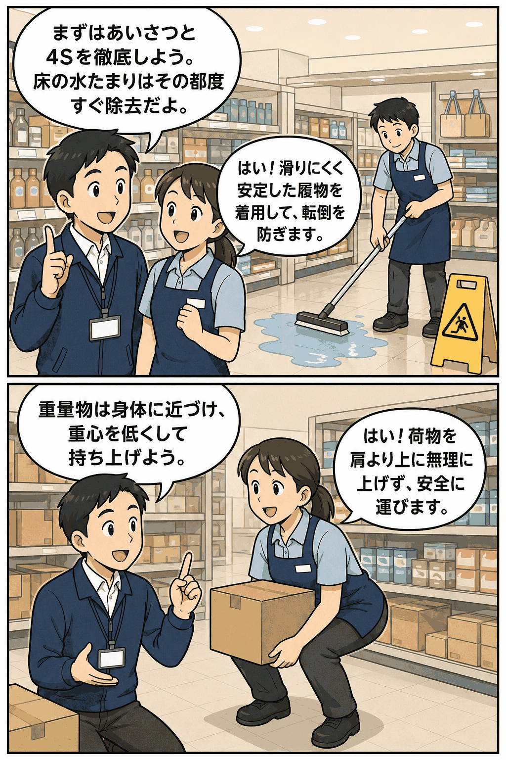 三重労働局の小売業労災防止パンフレットを漫画形式で紹介する画像。あいさつ、4S、床の水たまり除去、滑りにくい履物、重量物の安全な持ち上げ方を説明する従業員たち