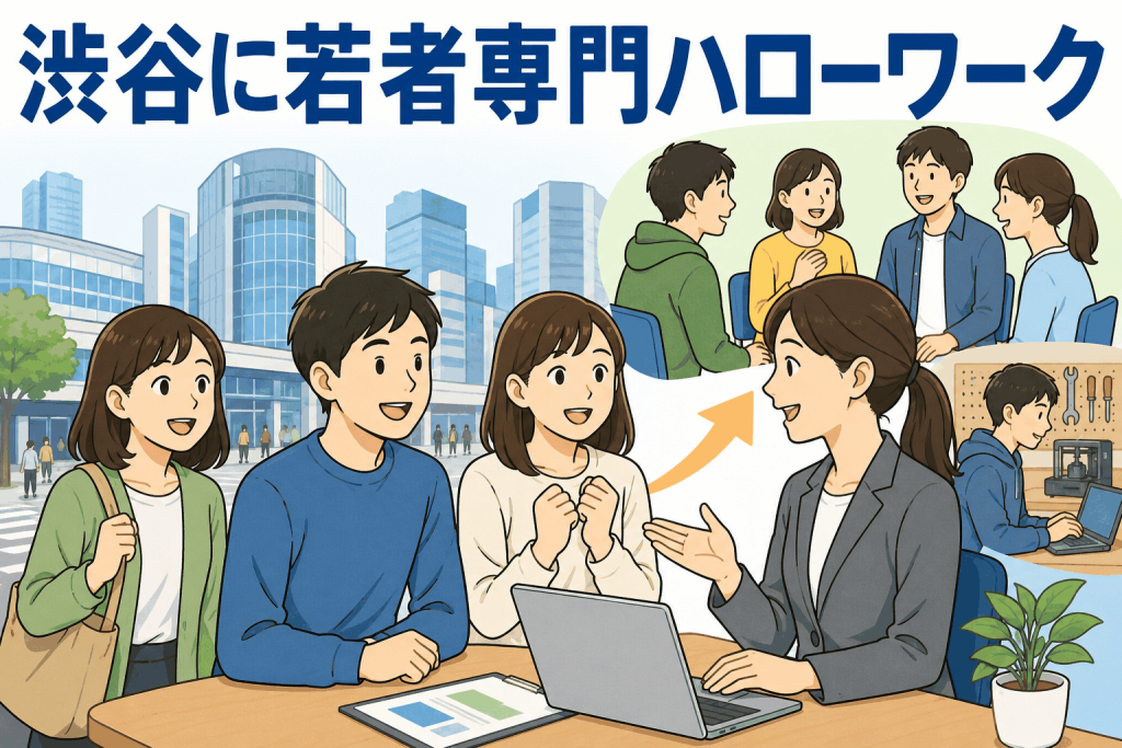 渋谷に開設された若者専門ハローワークで、専門職員が若者の就職相談や正規雇用へのチャレンジを支援しているイラスト