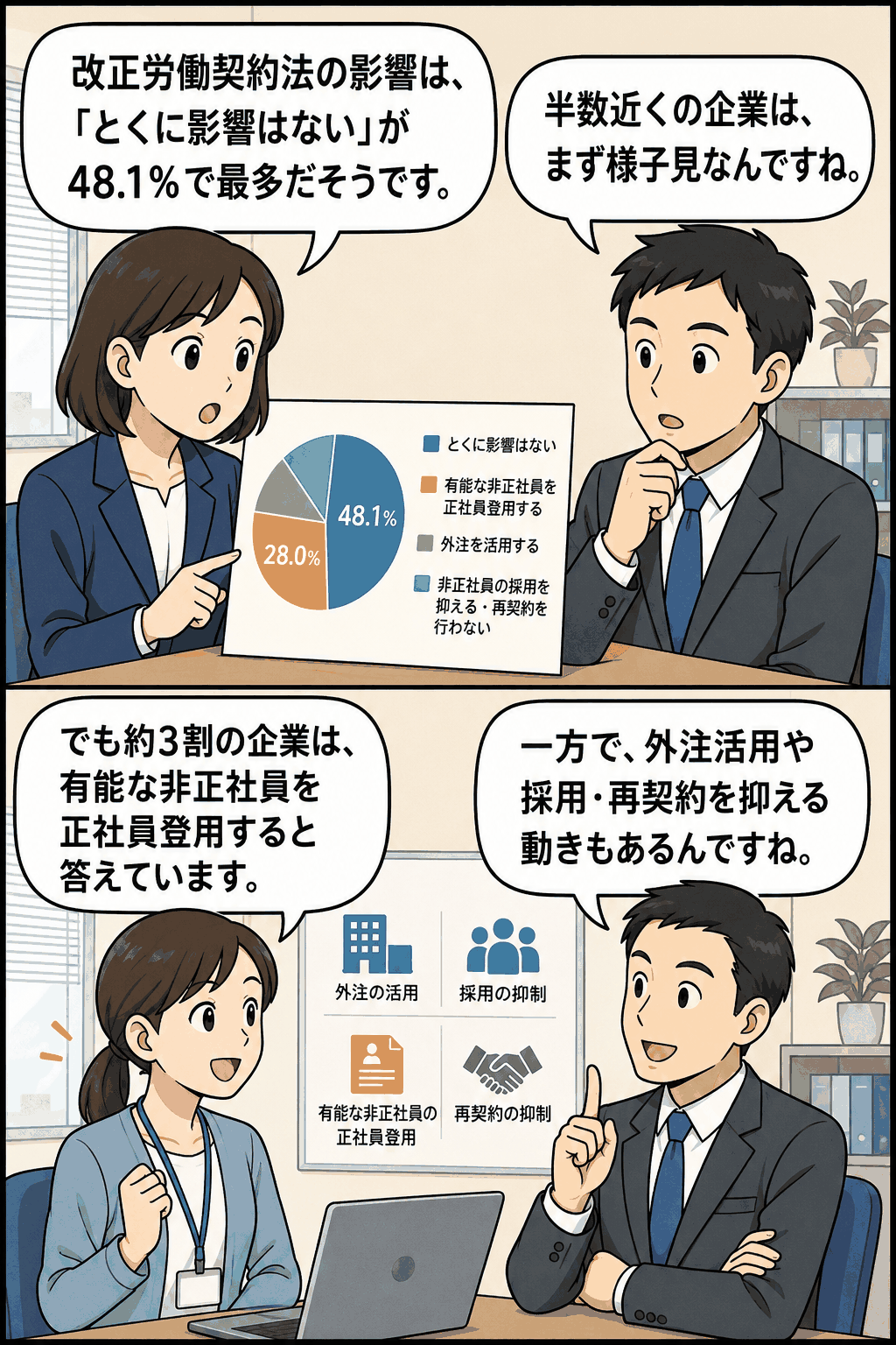改正労働契約法の影響調査で「とくに影響はない」が48.1％、有能な非正社員の正社員登用が28.0％と示された会話形式の解説イラスト