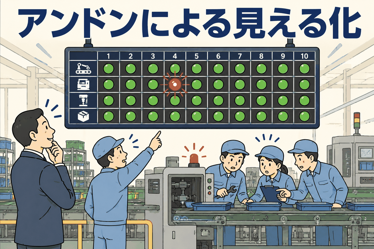 工場の製造ラインで作業者と管理者がアンドン表示板を確認し、異常や稼働状況を見える化してチームで問題解決する様子