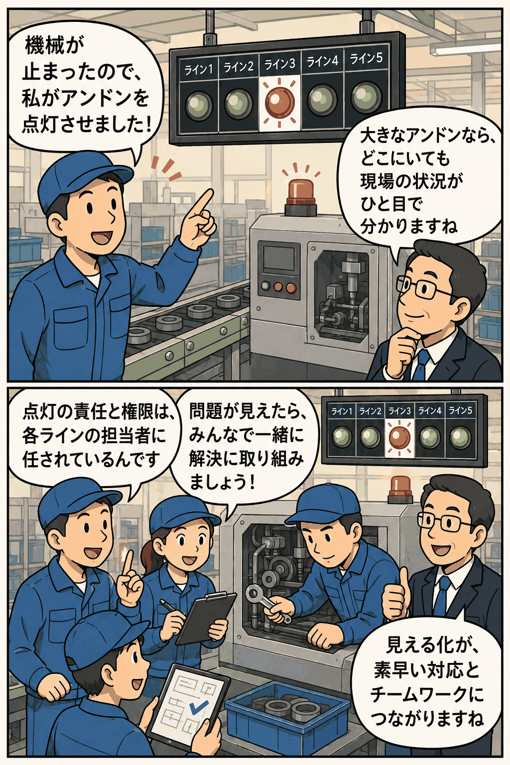 工場の製造ラインで作業者がアンドンを点灯させ、管理者とチームが機械停止の状況を共有して問題解決に取り組む様子