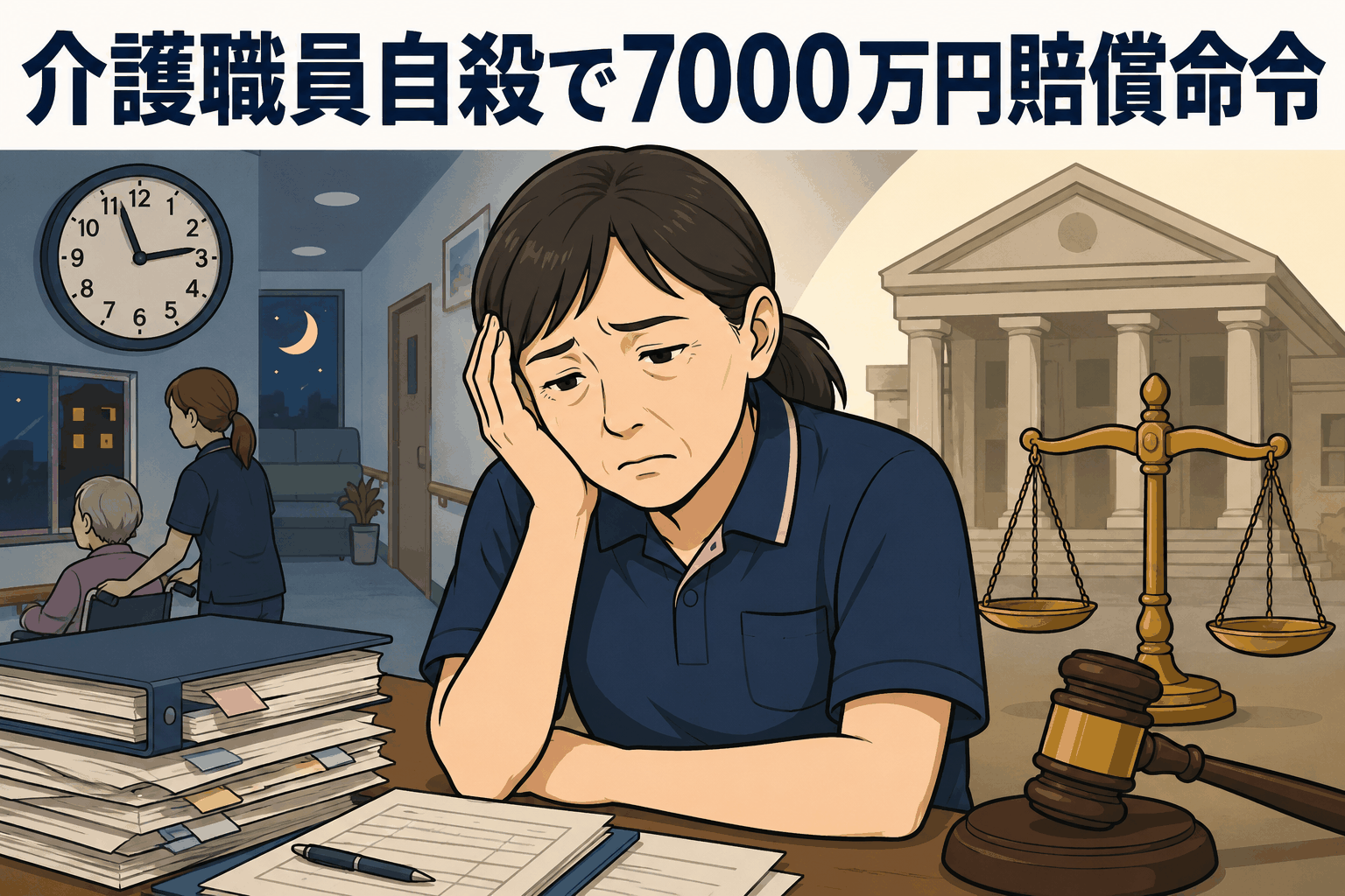 長時間労働とうつ病が原因で介護職員が自殺し、会社に約7000万円の賠償命令が出た裁判を示すイラスト