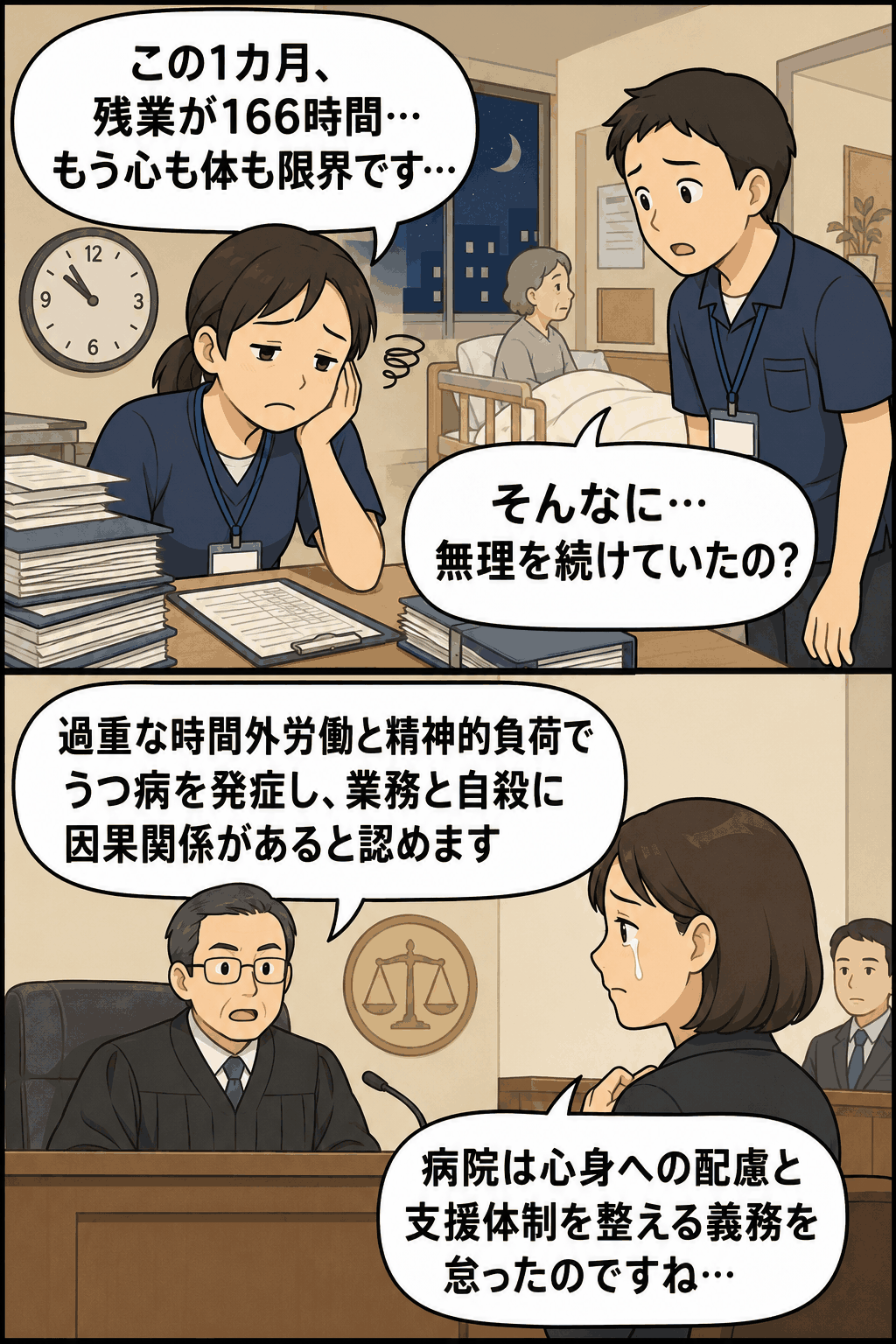 介護職員の月166時間残業とうつ病による自殺をめぐり、甲府地裁が業務との因果関係と病院側の安全配慮義務違反を認めた裁判漫画